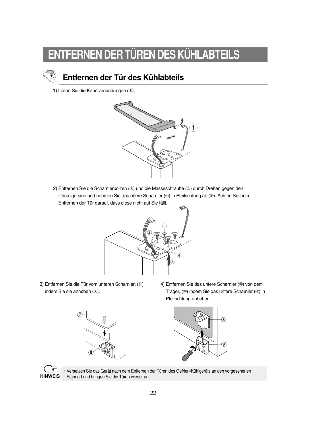 Samsung RSE8JPAS1/XEG, RSE8KPPS1/XEN, RSE8KYAS1/XEG Entfernen DER Türen DES Kühlabteils, Entfernen der Tür des Kühlabteils 