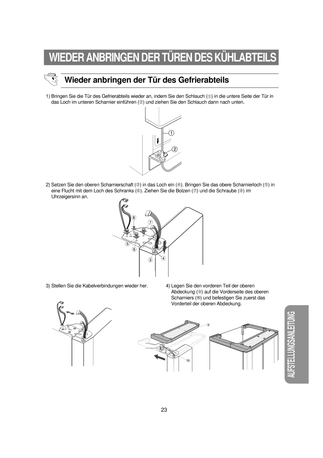 Samsung RSE8KPPS1/XEN manual Wieder Anbringen DER Türen DES Kühlabteils, Wieder anbringen der Tür des Gefrierabteils 