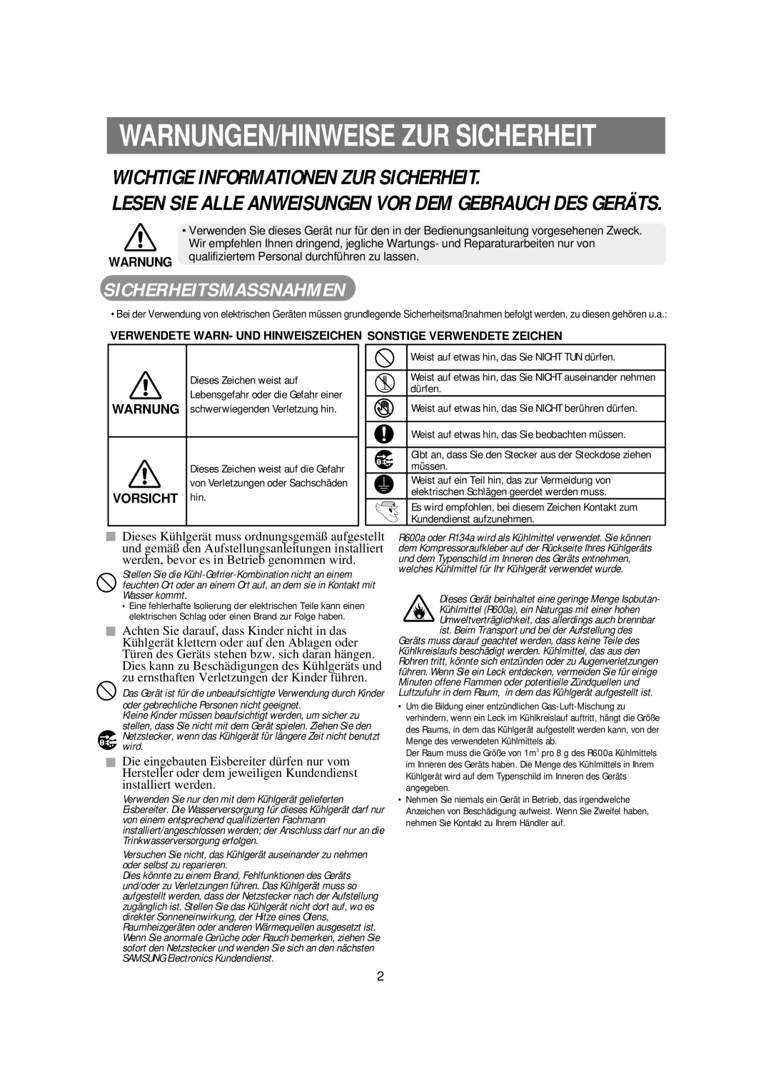 Samsung RSE8KPPS1/XEG, RSE8KPPS1/XEN manual WARNUNGEN/HINWEISE ZUR Sicherheit, Wichtige Informationen ZUR Sicherheit 