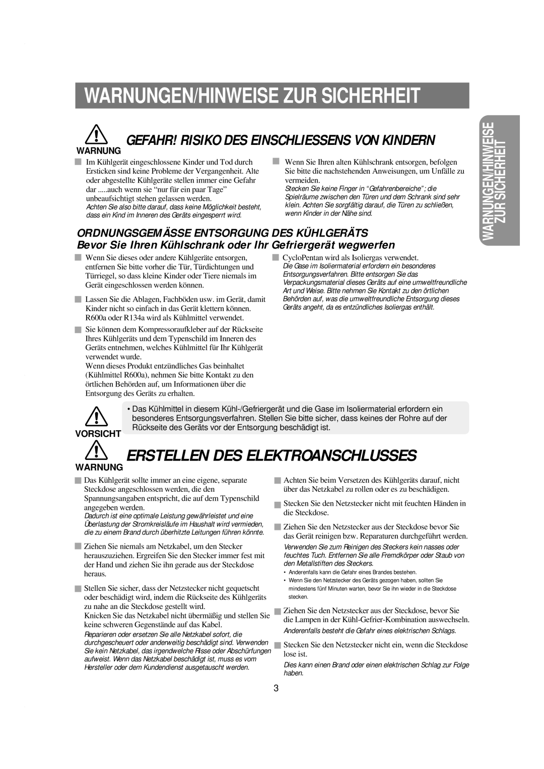 Samsung RSE8KPAS1/XEG, RSE8KPPS1/XEN, RSE8KYAS1/XEG, RSE8KGPS1/XEG, RSE8KPPS1/XEG manual WARNUNGEN/HINWEISE ZUR Sicherheit 