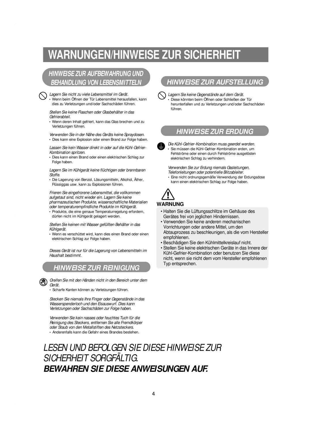 Samsung RSE8JPAS1/XEG, RSE8KPPS1/XEN, RSE8KYAS1/XEG, RSE8KGPS1/XEG, RSE8KPPS1/XEG manual Bewahren SIE Diese Anweisungen AUF 