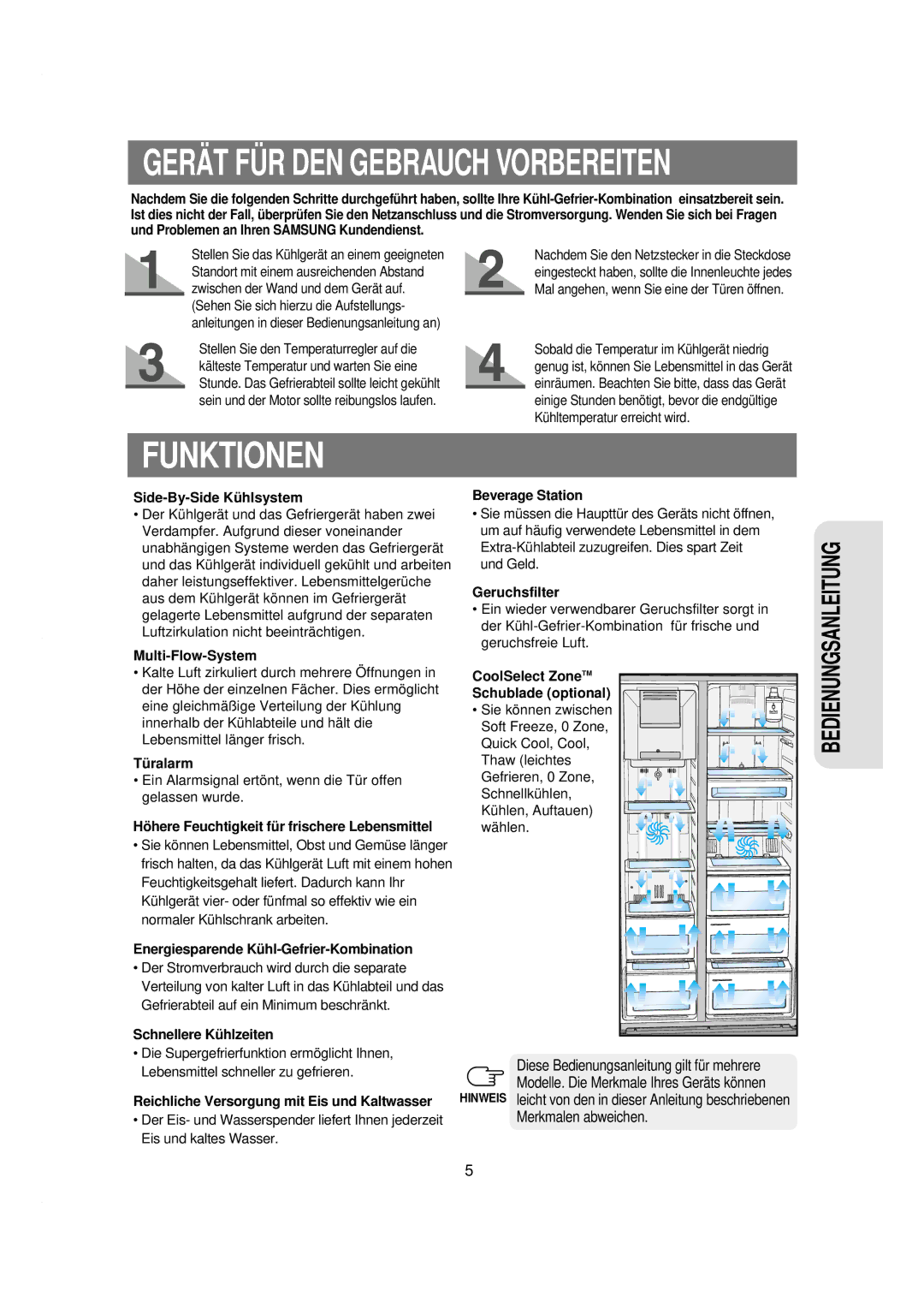 Samsung RSE8KPPS1/XEN, RSE8KYAS1/XEG, RSE8KGPS1/XEG, RSE8KPPS1/XEG manual Funktionen, Gerät FÜR DEN Gebrauch Vorbereiten 