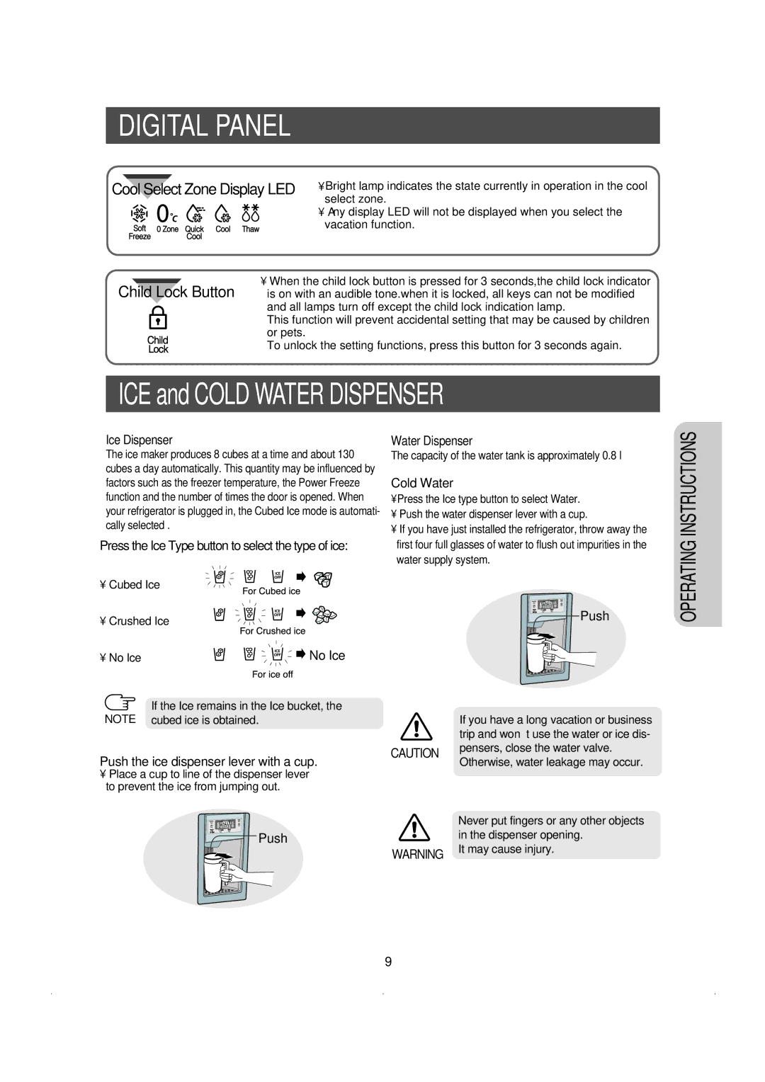 Samsung RSE8KPPS1/XEP manual Ice Dispenser, Push the ice dispenser lever with a cup, Water Dispenser, Cold Water 