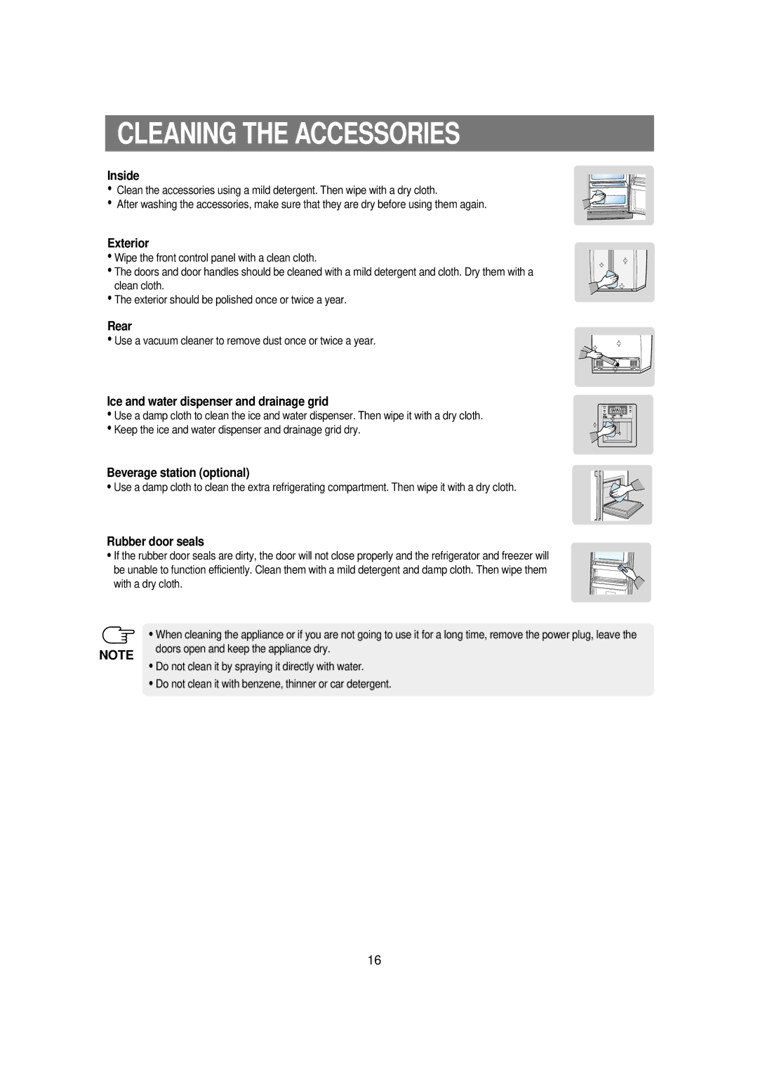 Samsung RSE8KPAS1/BUL, RSE8KPPS2/XEK, RSE8KPCW1/BUL, RSE8KPPS1/BUL manual Cleaning the Accessories 