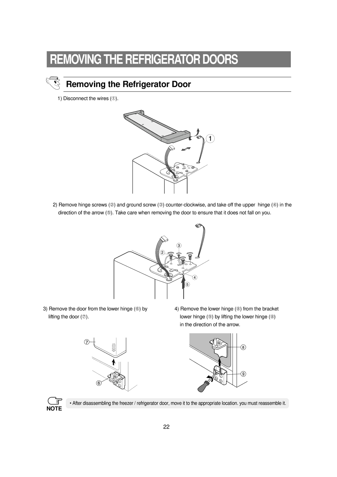 Samsung RSE8KPPS1/BUL, RSE8KPPS2/XEK, RSE8KPAS1/BUL, RSE8KPCW1/BUL manual Removing the Refrigerator Door 