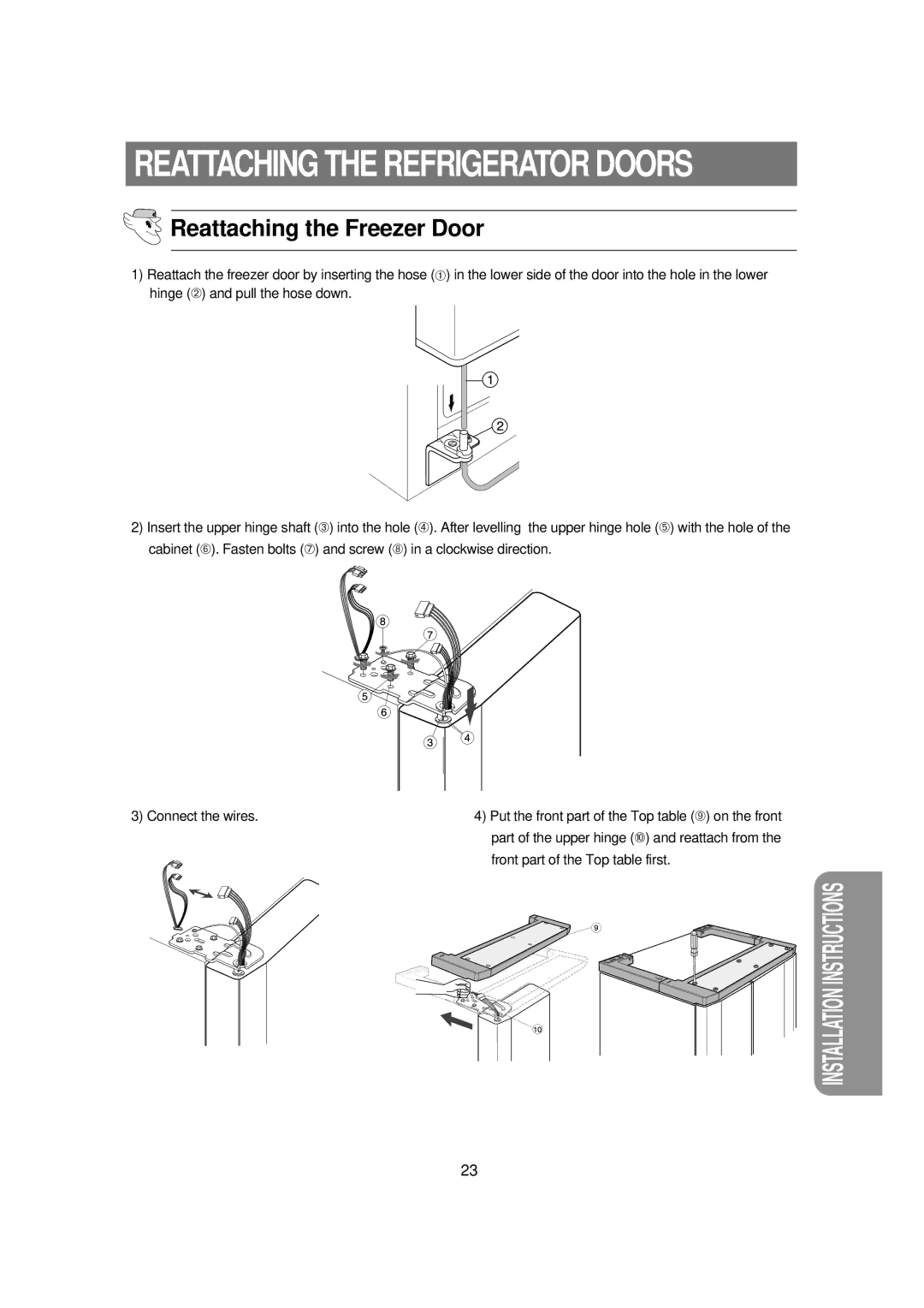 Samsung RSE8KPPS2/XEK, RSE8KPAS1/BUL, RSE8KPCW1/BUL manual Reattaching the Refrigerator Doors, Reattaching the Freezer Door 