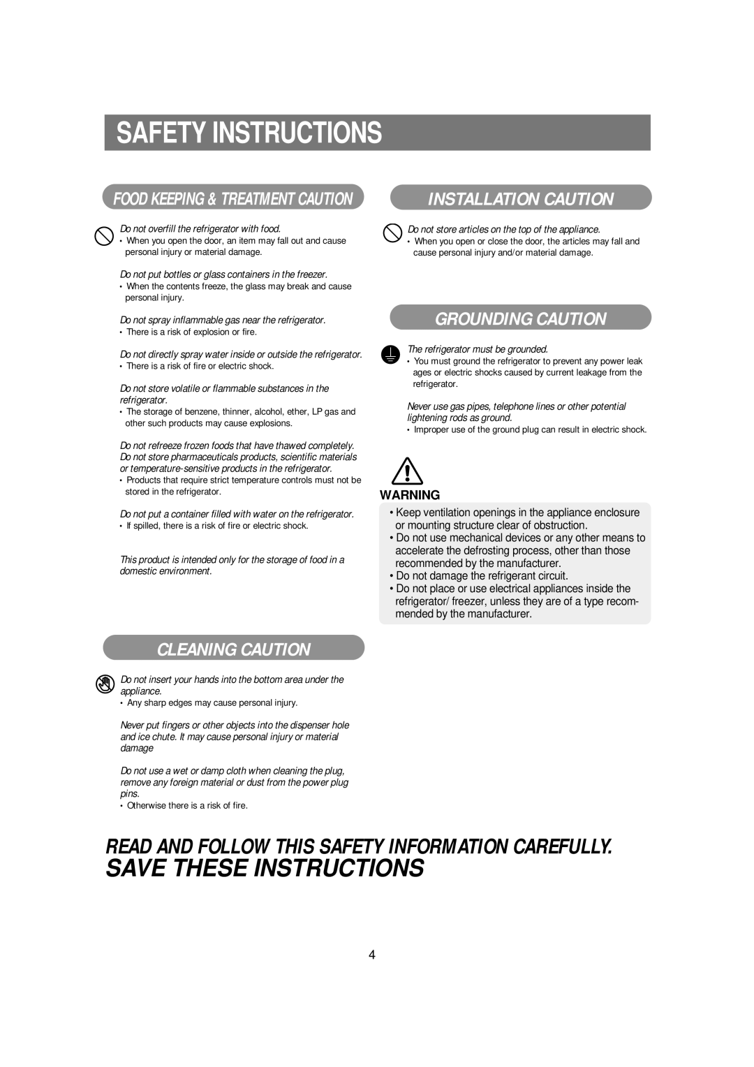 Samsung RSE8KPAS1/BUL, RSE8KPPS2/XEK, RSE8KPCW1/BUL, RSE8KPPS1/BUL manual Grounding Caution 