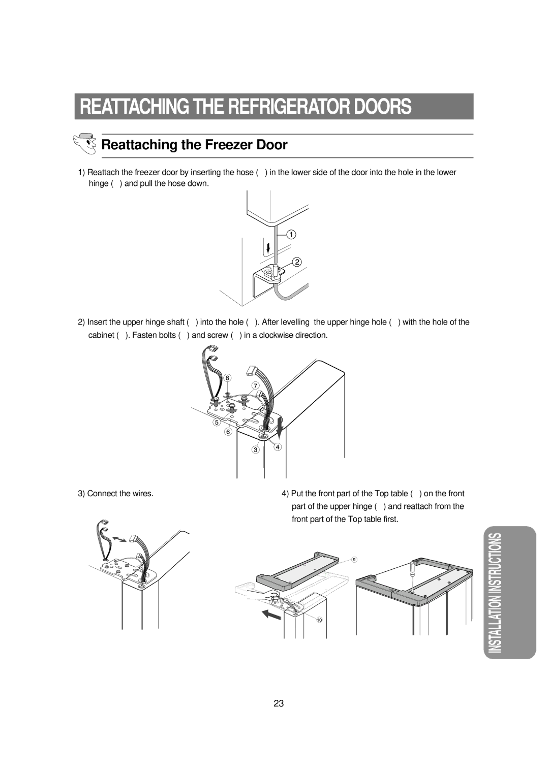 Samsung RSE8KPUS1/XEH, RSE8KPPS1/XEH, RSE8DPPS1/XEH manual Reattaching the Refrigerator Doors, Reattaching the Freezer Door 