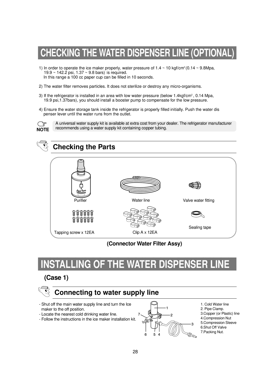 Samsung RSE8KPPS1/XEH, RSE8KPUS1/XEH, RSE8DPPS1/XEH, RSE8KPUS1/XEO manual Checking the Parts, Connecting to water supply line 