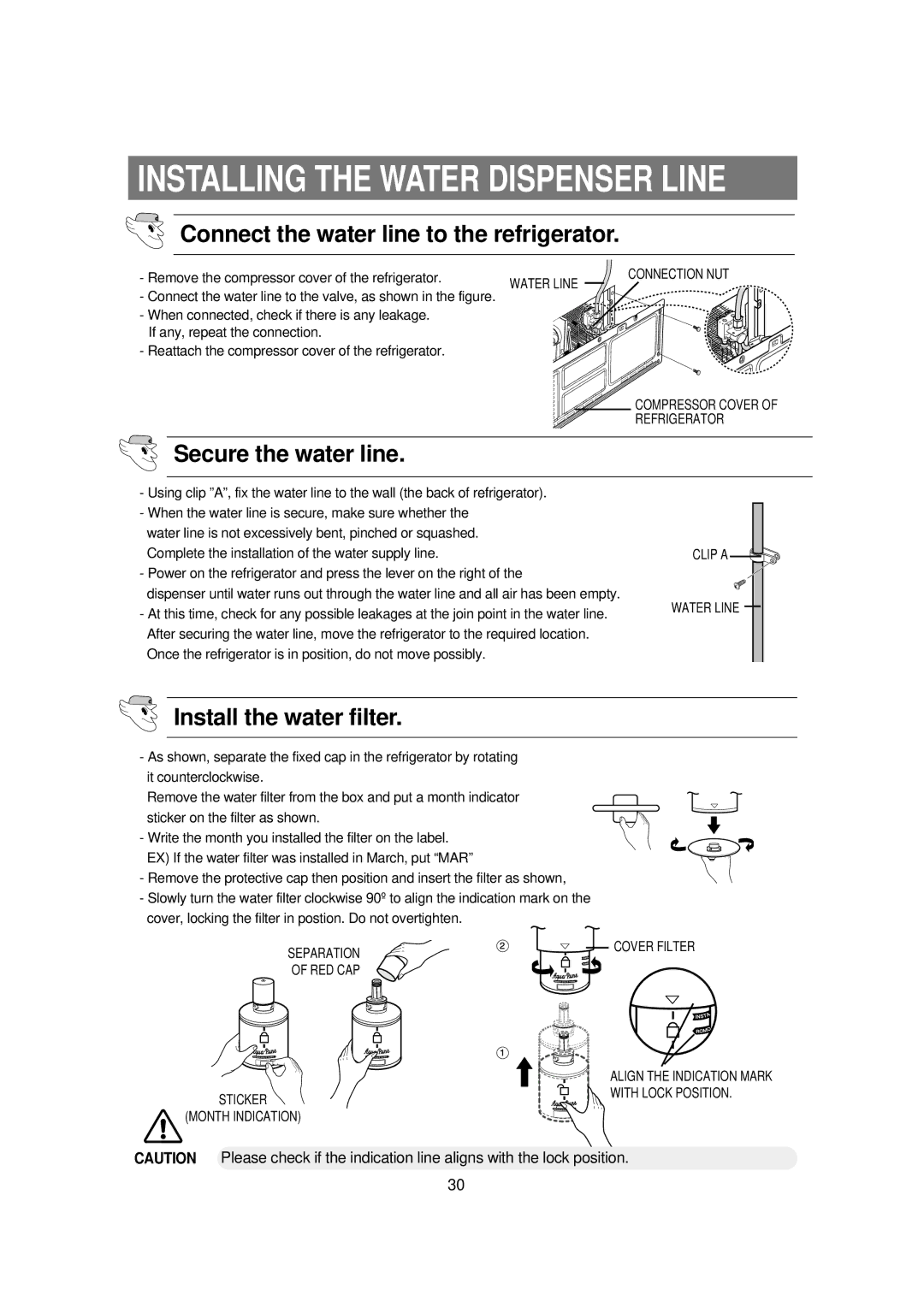 Samsung RSE8KPUS1/XEO, RSE8KPUS1/XEH Installing the Water Dispenser Line, Secure the water line, Install the water filter 