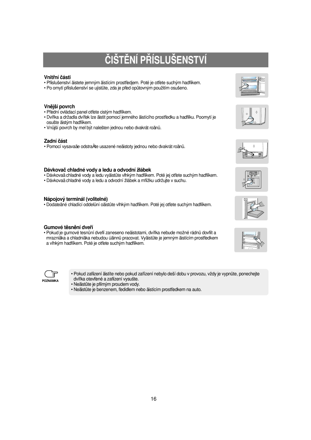 Samsung RSE8KPUS1/XEO manual Vnitﬁníčásti, Vnûjší povrch, Zadníčást, Dávkova č chladné vody a ledu a odvodní žlábek 