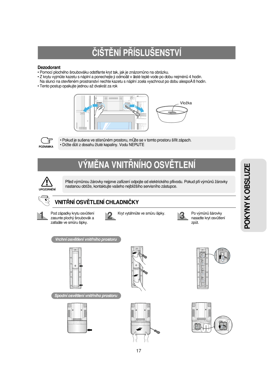 Samsung RSE8KPUS1/XEH manual VNIT¤NÍ OSVùTLENÍ Chladničky, Dezodorant, Tento postup opakujte jednou až dvakrát za rok 