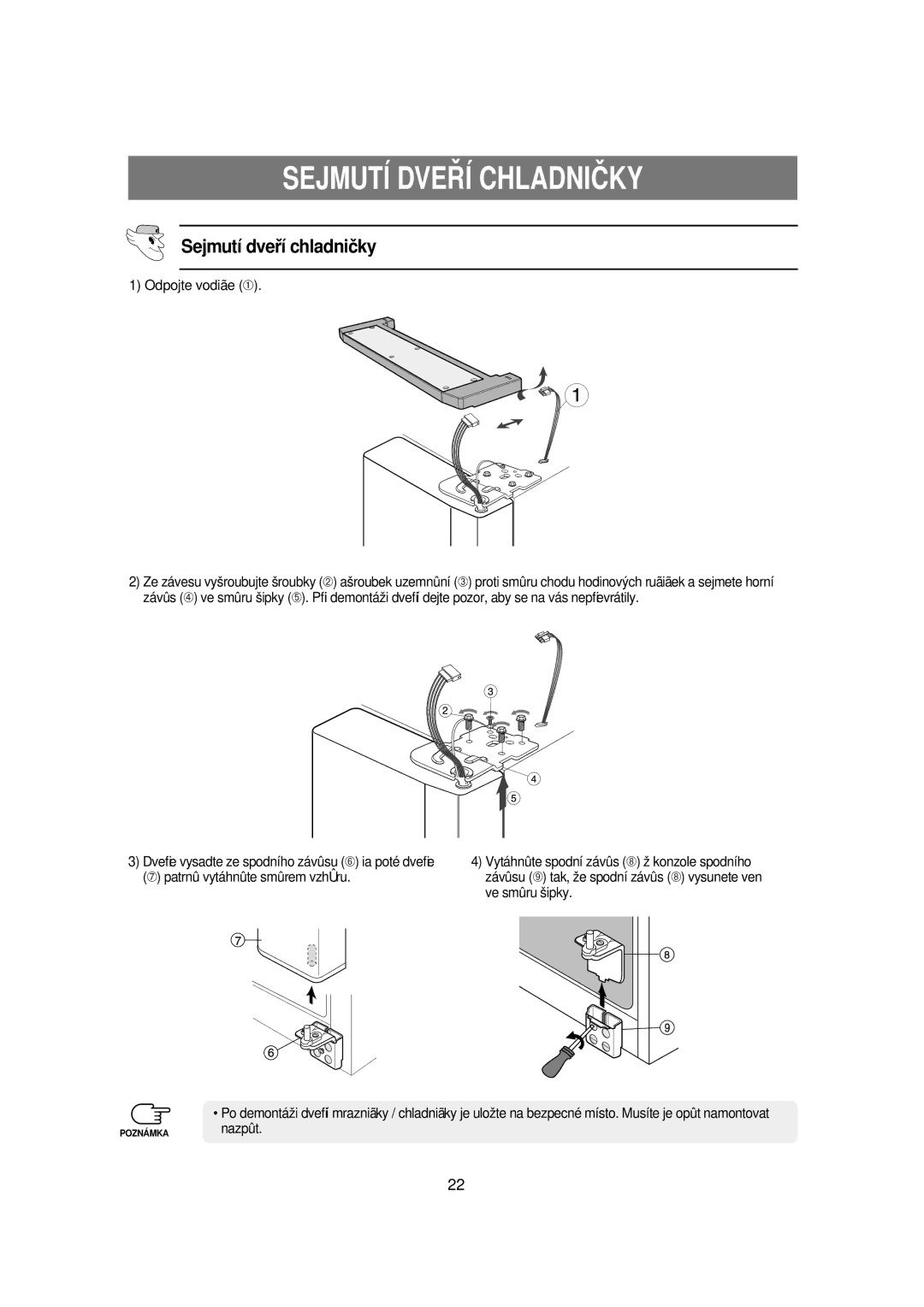 Samsung RSE8KPUS1/XEO, RSE8KPUS1/XEH, RSE8KPPS1/XEH manual Sejmutí dveﬁí chladničky, Odpojte vodiãe ➀ 