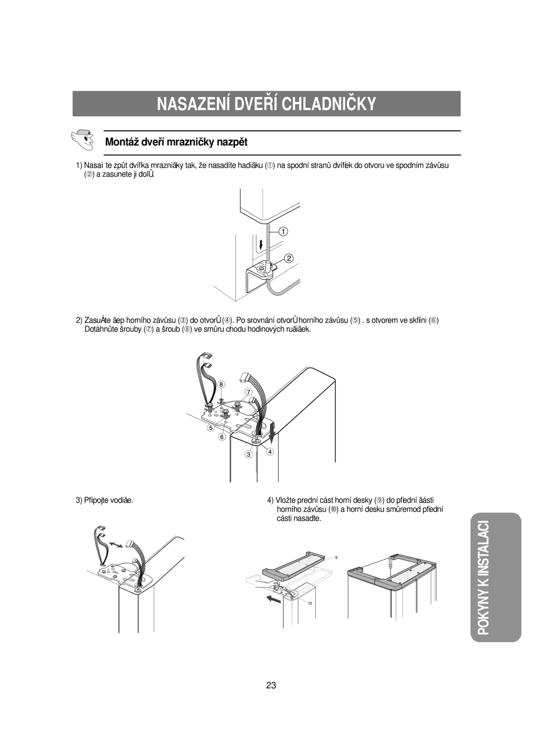 Samsung RSE8KPUS1/XEH, RSE8KPPS1/XEH, RSE8KPUS1/XEO manual Nasazení DVE¤Í Chladničky, Montá ž dveﬁí mrazničky nazpût 