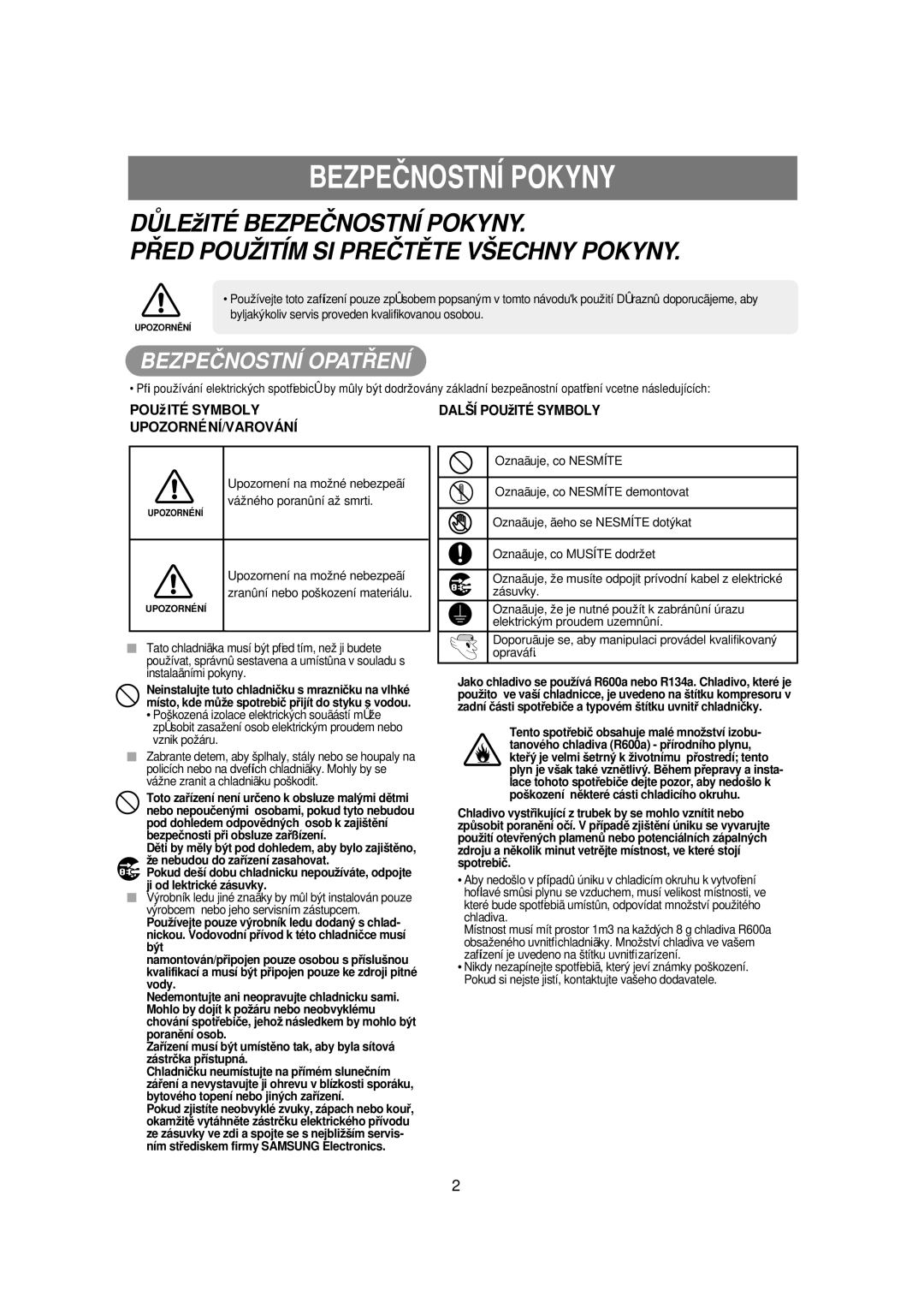 Samsung RSE8KPUS1/XEH, RSE8KPPS1/XEH, RSE8KPUS1/XEO manual Bezpečnostní Pokyny, Další POUžITÉ Symboly 