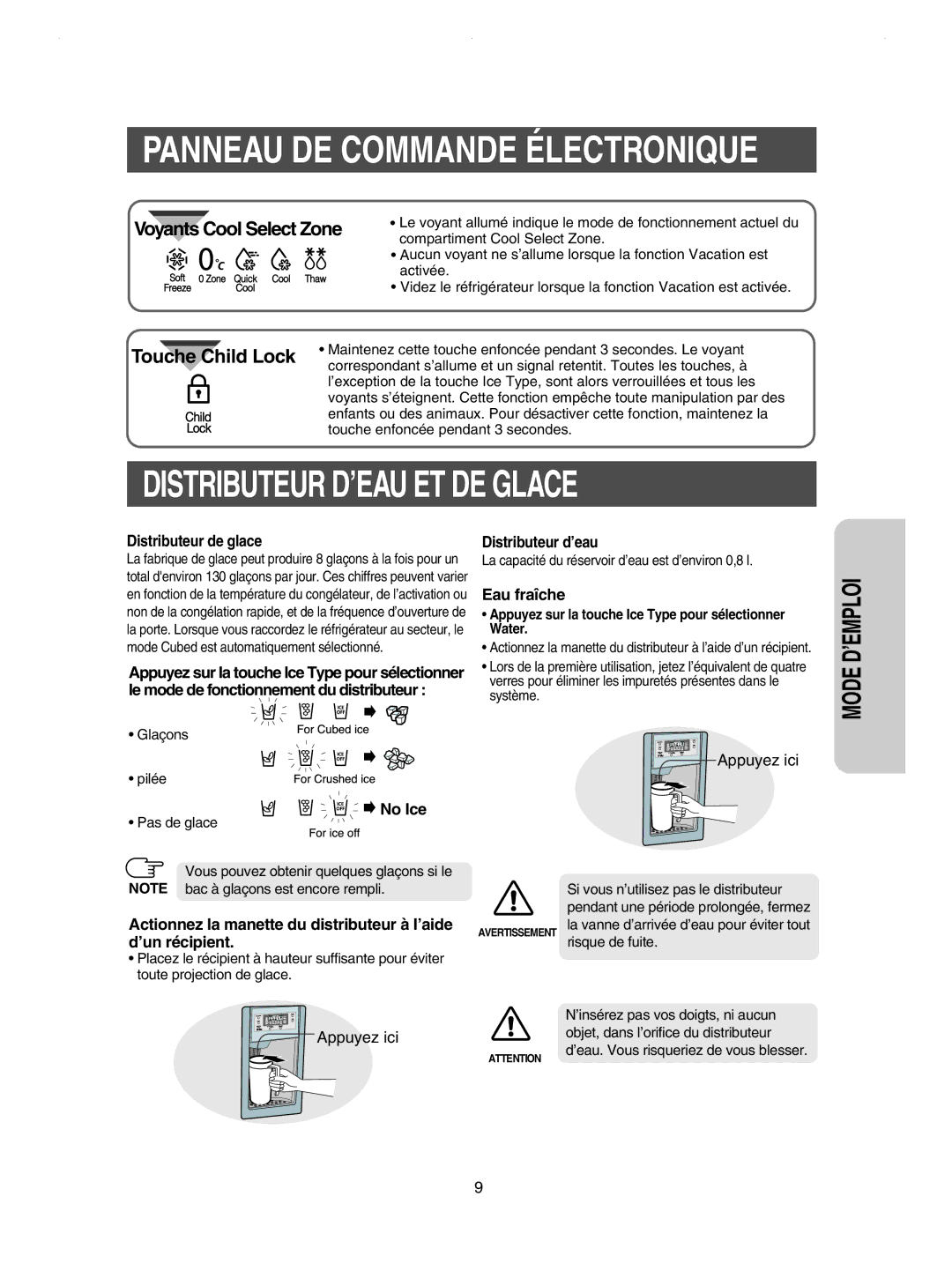 Samsung RSE8KPUS2/XEK manual Distributeur D’EAU ET DE Glace, Distributeur de glace, No Ice, Distributeur d’eau, Eau fraîche 