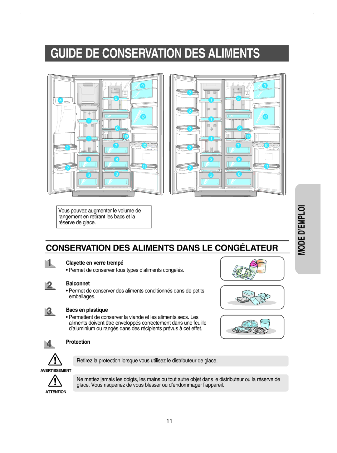 Samsung RSE8KPUS1/XEF manual Conservation DES Aliments Dans LE Congélateur, Clayette en verre trempé, Balconnet, Protection 