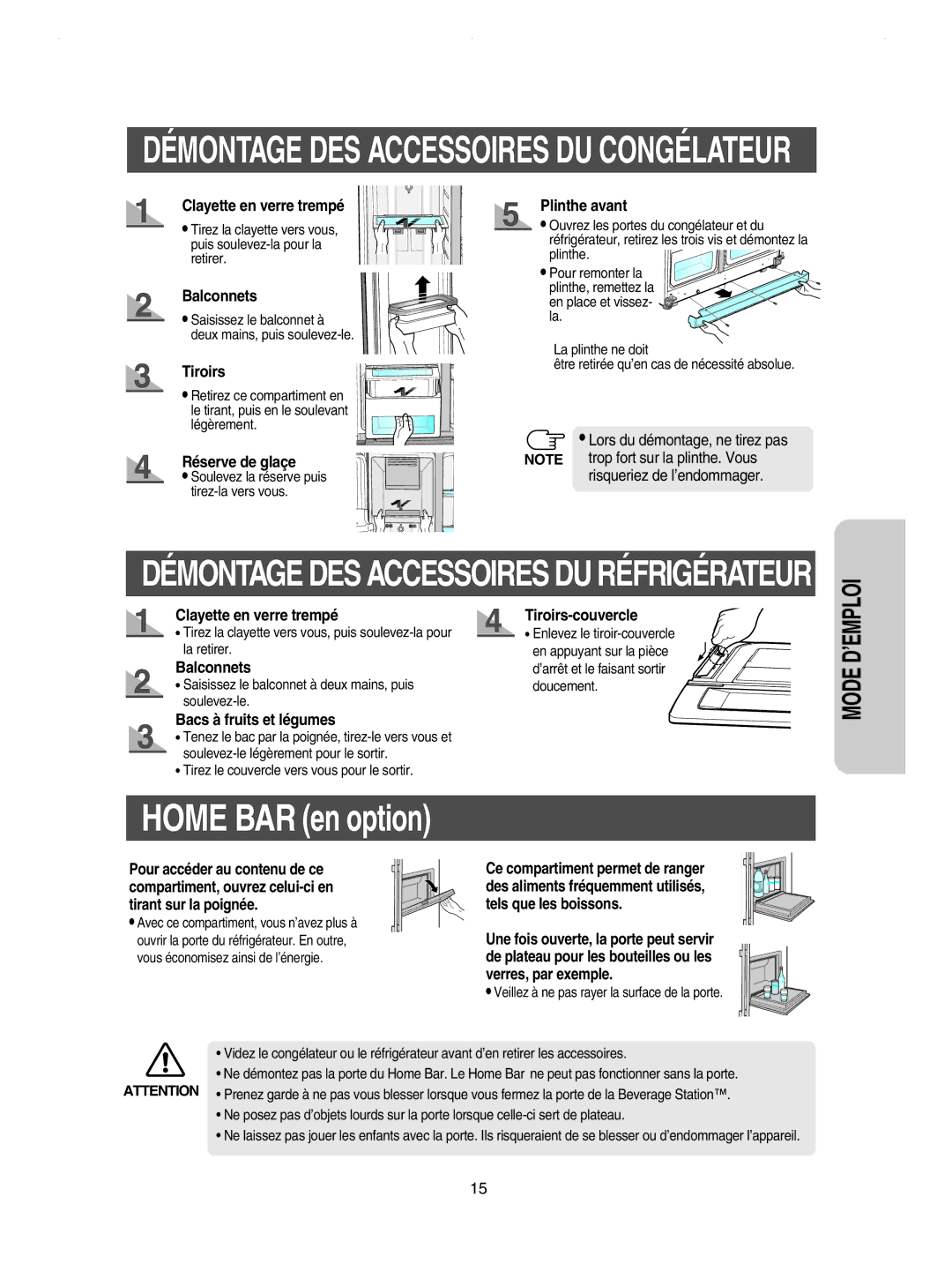 Samsung RSE8KPPR1/XEF manual Balconnets, Réserve de glaçe, Plinthe avant, Bacs à fruits et légumes, Tiroirs-couvercle 