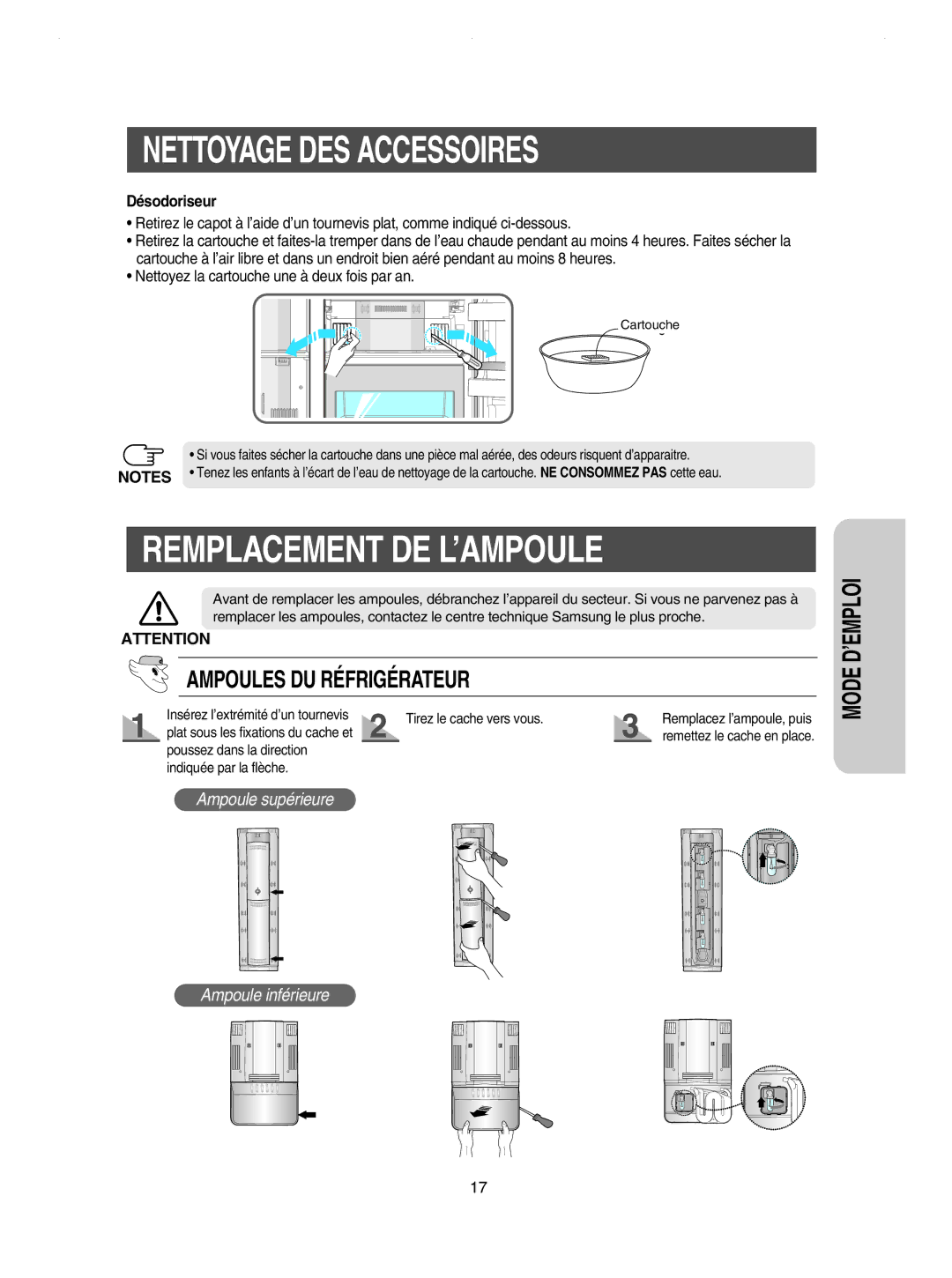 Samsung RSE8DPUS1/XEF, RSE8KPUS2/XEK, RSE8DYPS1/XEF manual Remplacement DE L’AMPOULE, Ampoules DU Réfrigérateur, Désodoriseur 