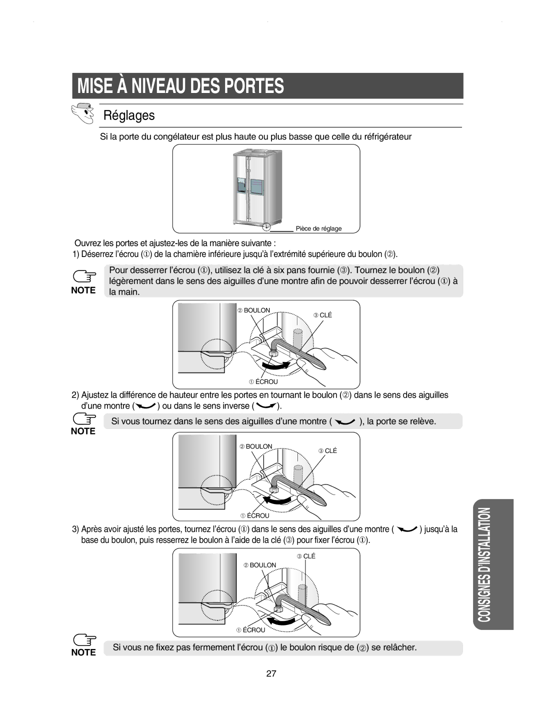 Samsung RSE8DPUS1/XEF, RSE8KPUS2/XEK, RSE8DYPS1/XEF, RSE8KPUS1/XEF, RSE8KPPS2/XEK manual Mise À Niveau DES Portes, Réglages 