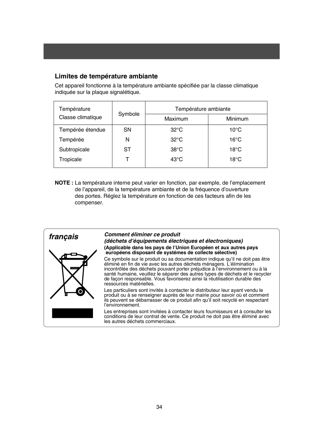 Samsung RSE8KPPS1/XEF manual Limites de température ambiante, Européens disposant de systémes de collecte sélective 