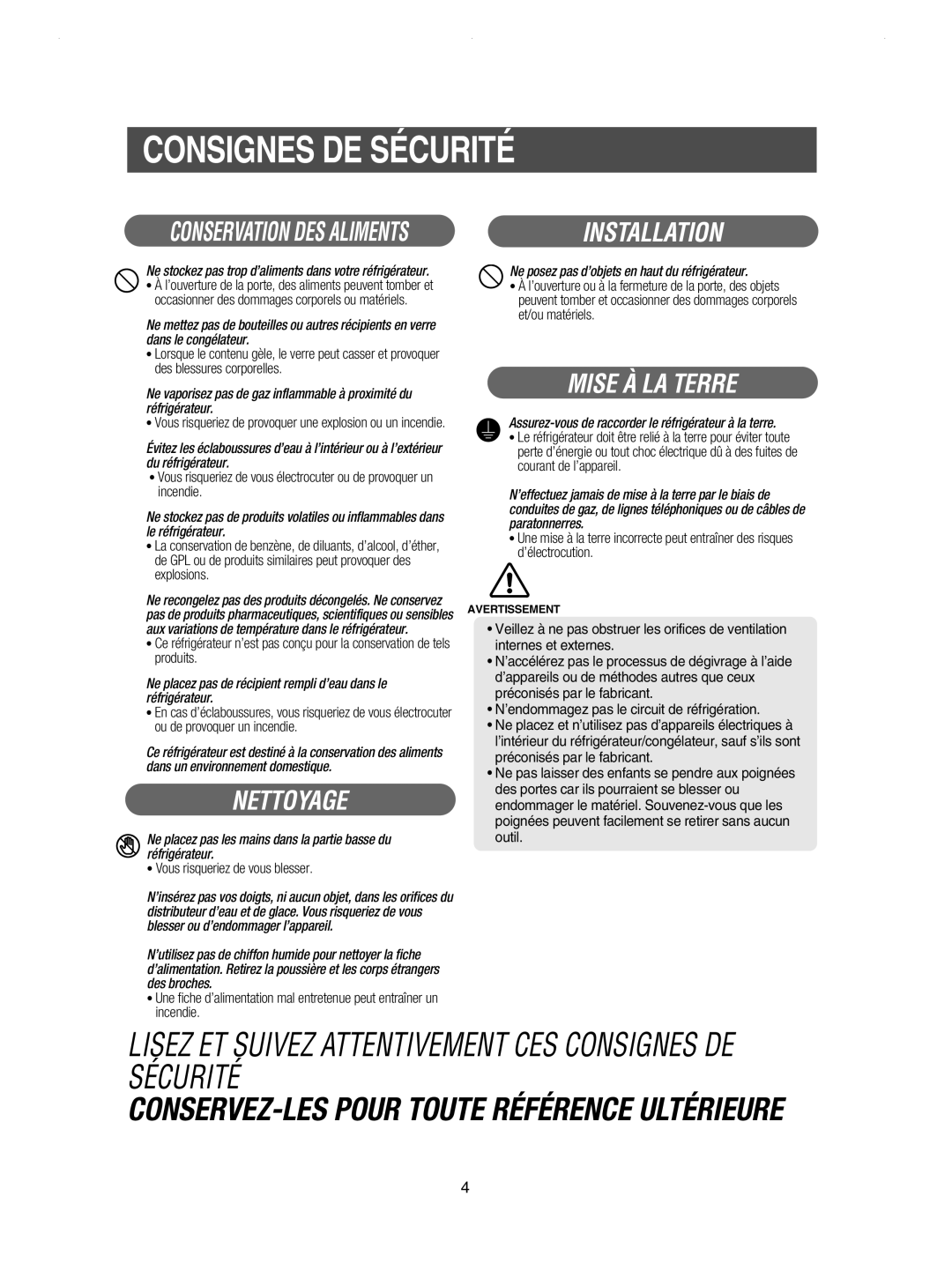 Samsung RSE8KPPS1/XEF, RSE8KPUS2/XEK, RSE8DYPS1/XEF, RSE8KPUS1/XEF Lisez ET Suivez Attentivement CES Consignes DE Sécurité 