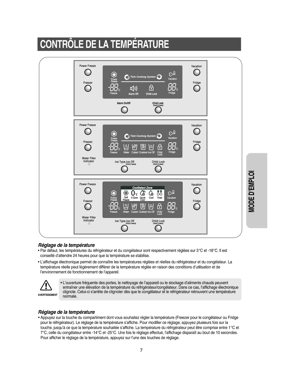 Samsung RSE8DPUS1/XEF, RSE8KPUS2/XEK, RSE8DYPS1/XEF, RSE8KPUS1/XEF Contrôle DE LA Température, Réglage de la température 