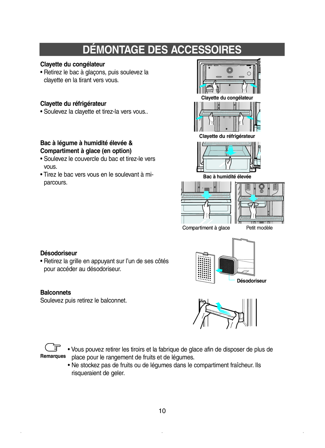 Samsung RSE8KPUS1/XEF manual Démontage DES Accessoires, Clayette du congélateur, Clayette du réfrigérateur, Désodoriseur 