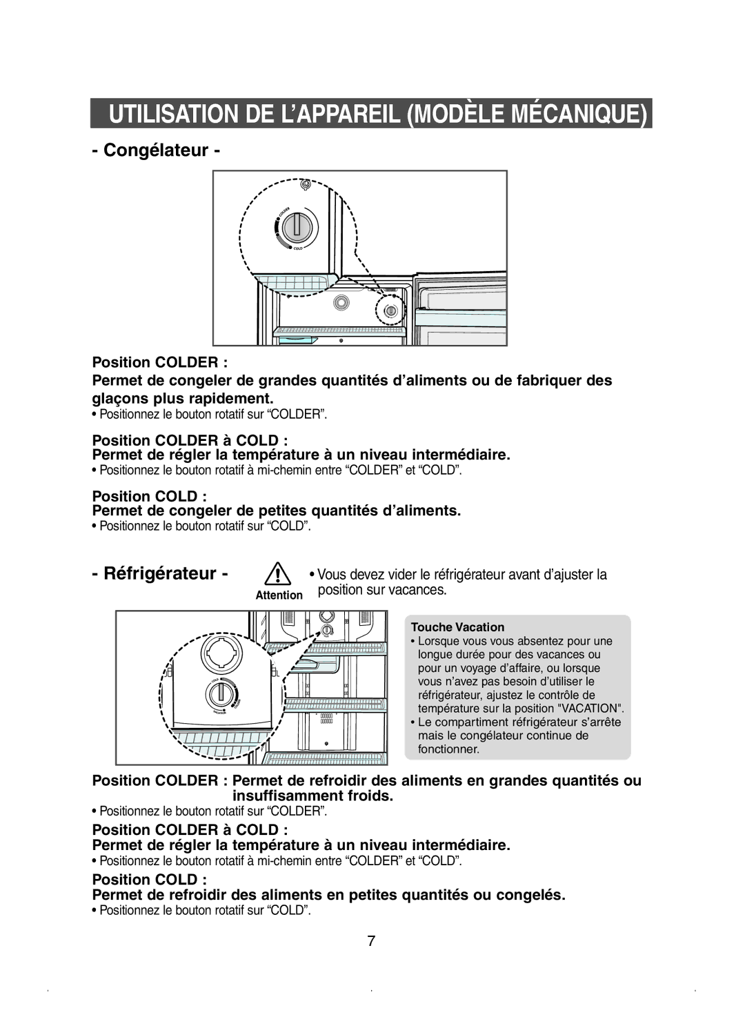 Samsung RSE8DPUS1/XEF, RSE8KPUS2/XEK, RSE8JPUS1/XEF manual Utilisation DE L’APPAREIL Modèle Mécanique, Position sur vacances 