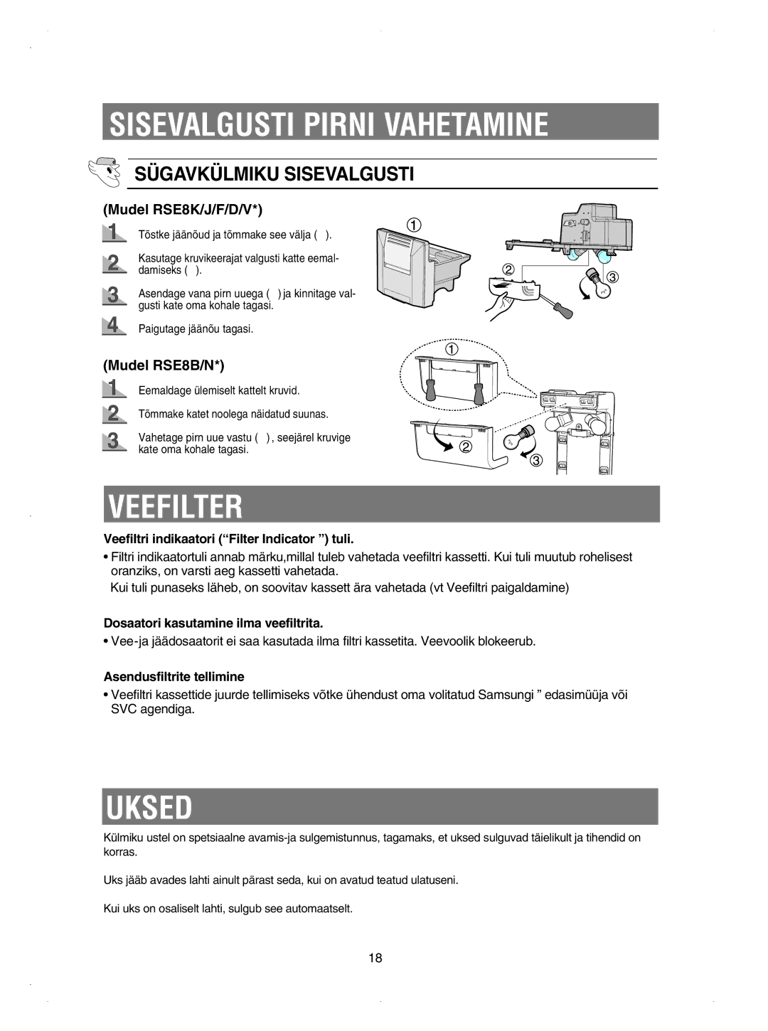 Samsung RSE8KPAS1/BWT, RSE8KPUS2/XEK, RSE8KPPS2/XEK, RSE8KPAS2/XEK, RSE8KPPS1/XEK, RSE8BPCW1/XEK manual Veefilter, Uksed 