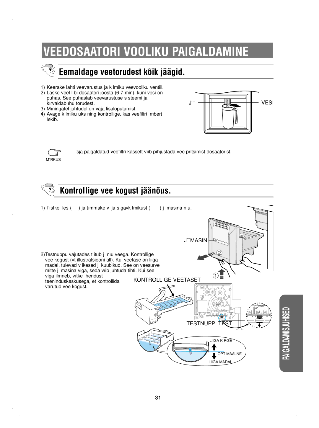 Samsung RSE8KPAS2/XEK, RSE8KPUS2/XEK, RSE8KPPS2/XEK manual Eemaldage veetorudest kõik jäägid, Kontrollige vee kogust jäänõus 