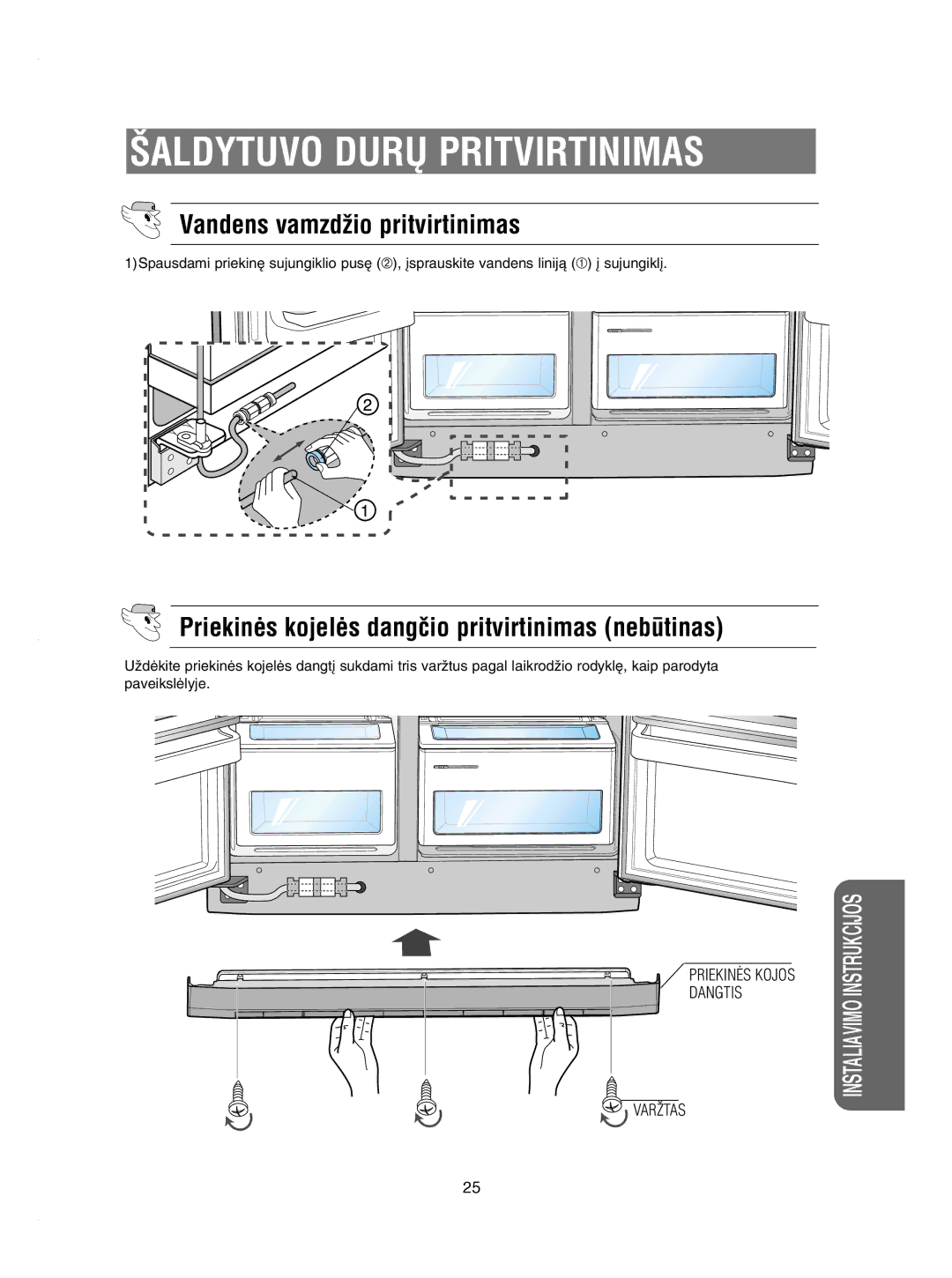 Samsung RSE8KPCW1/XEK Vandens vamzdÏio pritvirtinimas, Priekinòs kojelòs dangãio pritvirtinimas nebtinas, PRIEKINñS Kojos 