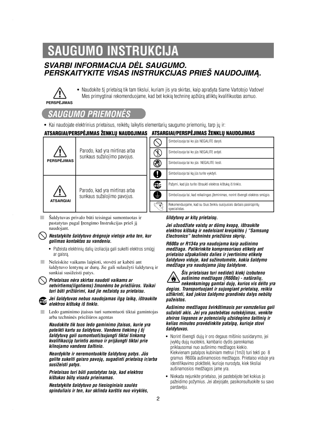 Samsung RSE8KPPS1/XEK, RSE8KPUS2/XEK, RSE8KPPS2/XEK Saugumo Instrukcija, Perskaitykite Visas Instrukcijas PRIE· Naudojimñ 