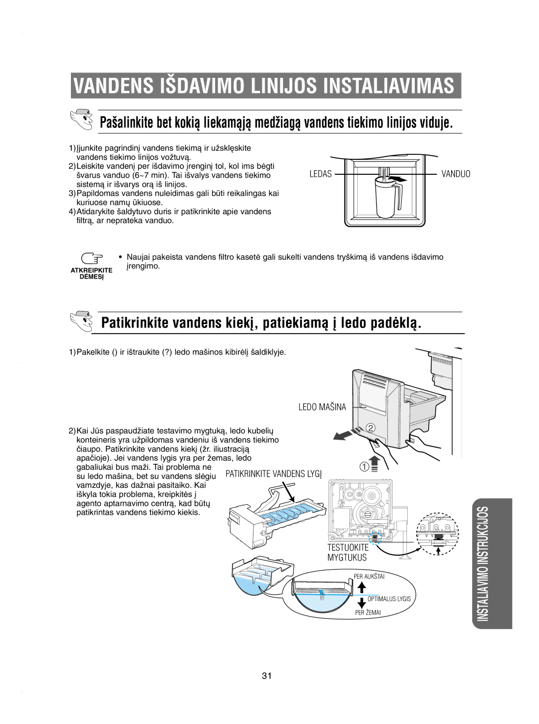 Samsung RSE8KPAS2/XEK, RSE8KPUS2/XEK, RSE8KPPS2/XEK manual Patikrinkite vandens kiek∞, patiekiamà ∞ ledo padòklà, Vanduo 