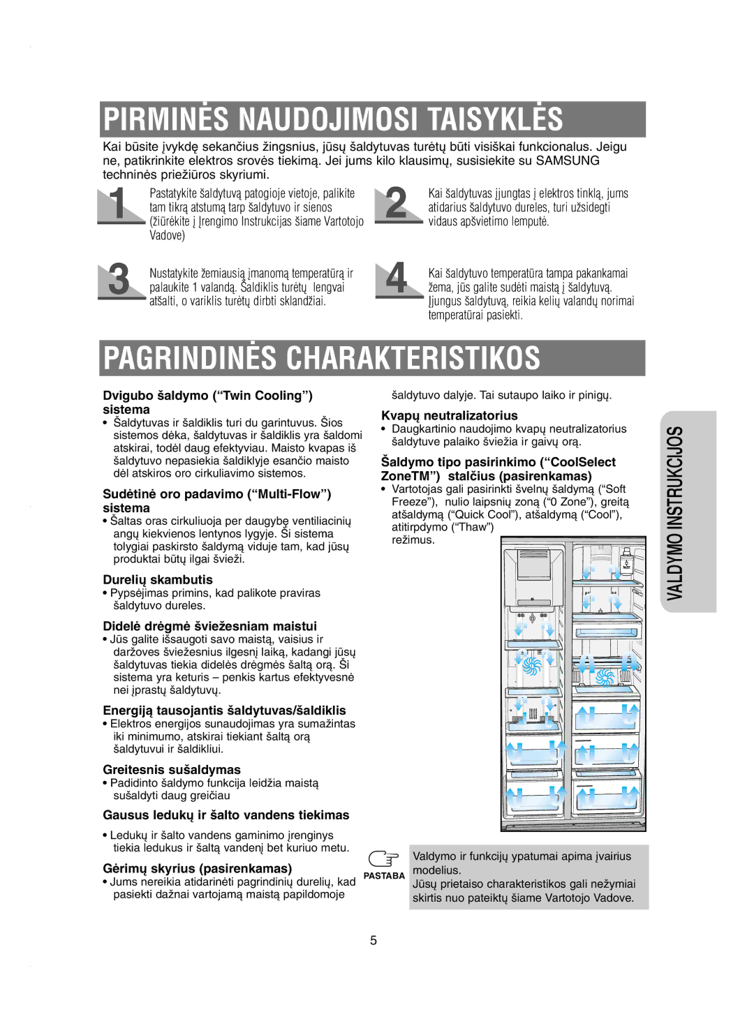 Samsung RSE8KPCW1/XEK, RSE8KPUS2/XEK, RSE8KPPS2/XEK manual PIRMINñS Naudojimosi TAISYKLñS, PAGRINDINñS Charakteristikos 