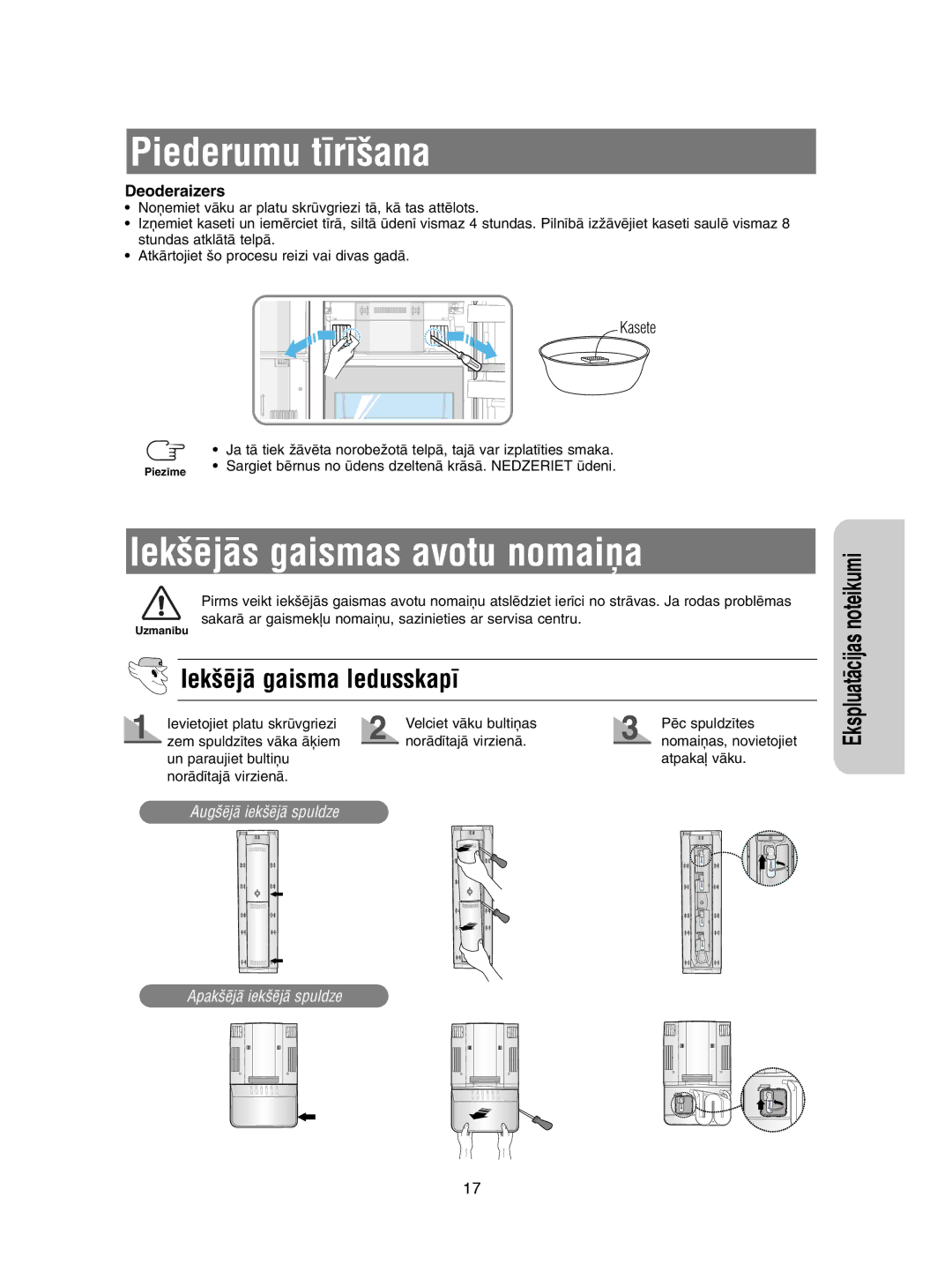 Samsung RSE8KPUS1/XEK, RSE8KPUS2/XEK manual Iek‰ïjÇs gaismas avotu nomai¿a, Iek‰ïjÇ gaisma ledusskap¥, Deoderaizers, Kasete 