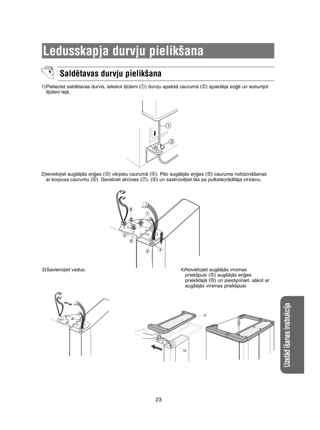 Samsung RSE8BPCW1/XEK, RSE8KPUS2/XEK, RSE8KPPS2/XEK manual Ledusskapja durvju pielik‰ana, Saldïtavas durvju pielik‰ana 