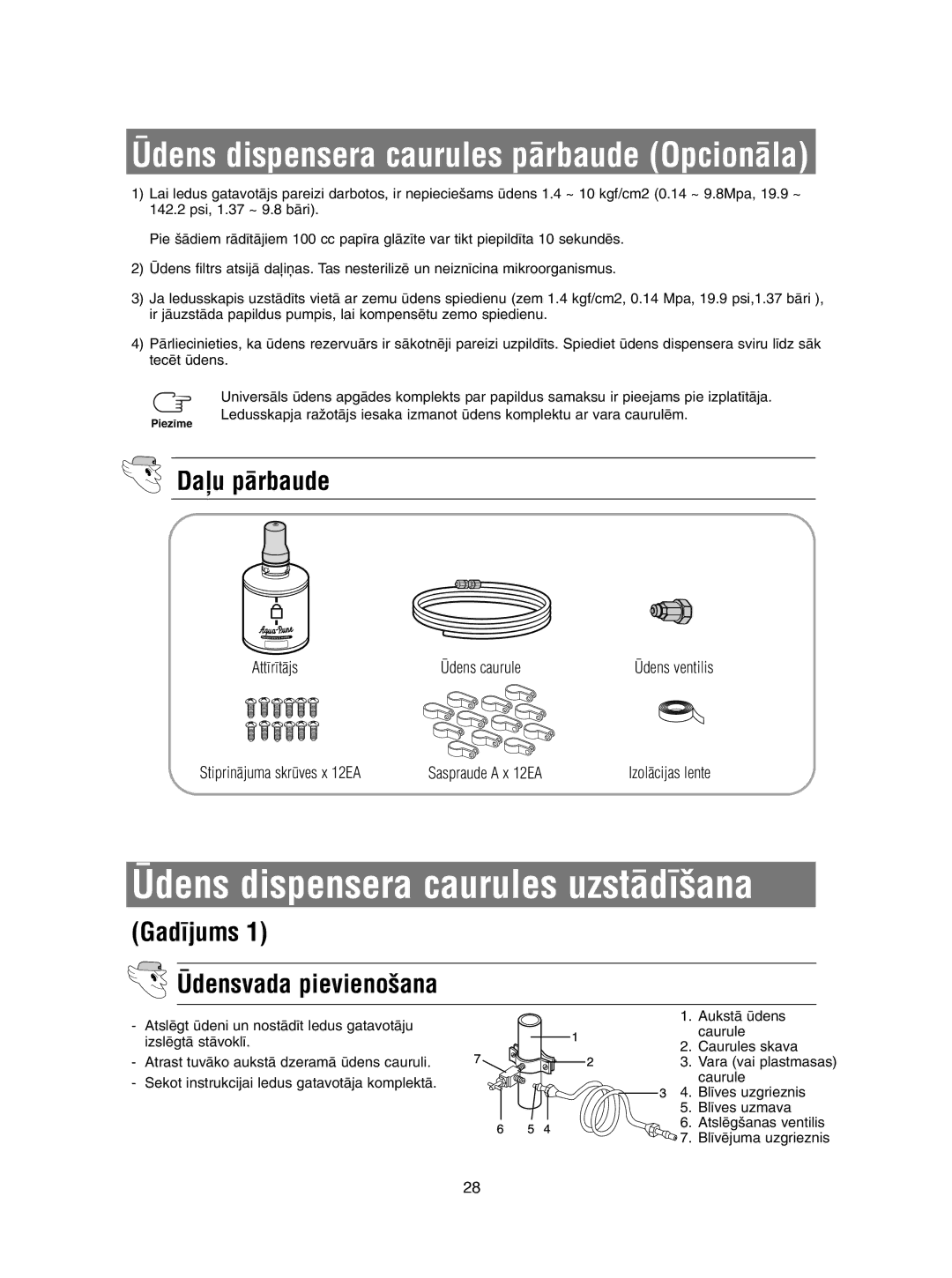 Samsung RSE8KPAS1/BWT, RSE8KPUS2/XEK Ìdens dispensera caurules uzstÇd¥‰ana, Dau pÇrbaude, Gad¥jums Ìdensvada pievieno‰ana 