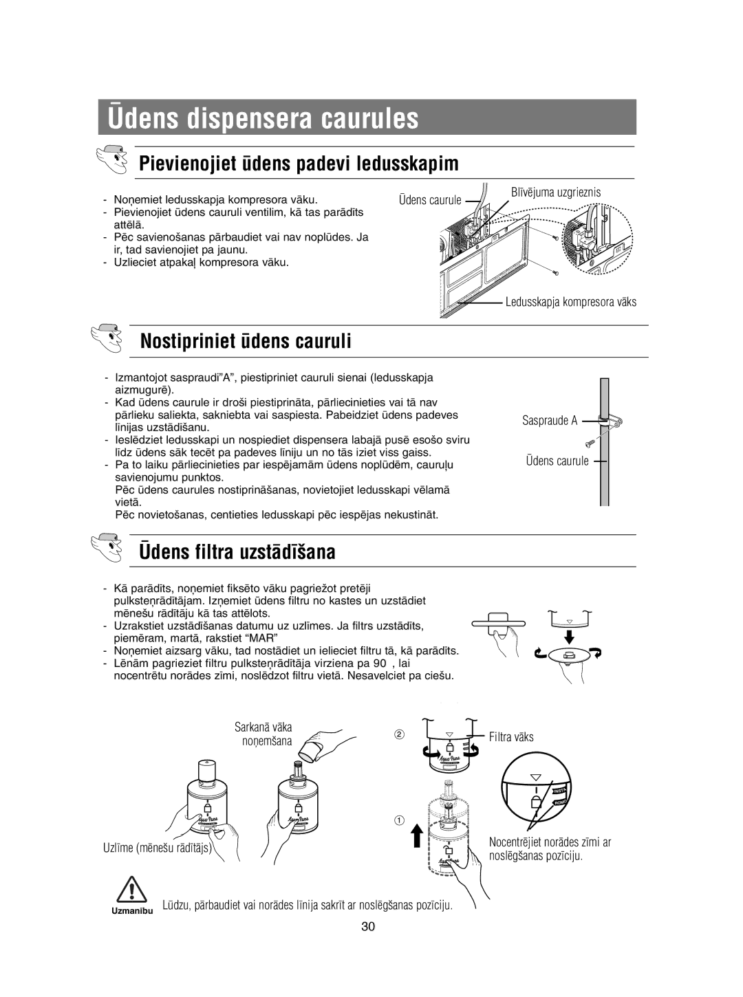 Samsung RSE8KPPS2/XEK manual Pievienojiet dens padevi ledusskapim, Nostipriniet dens cauruli, Ìdens filtra uzstÇd¥‰ana 