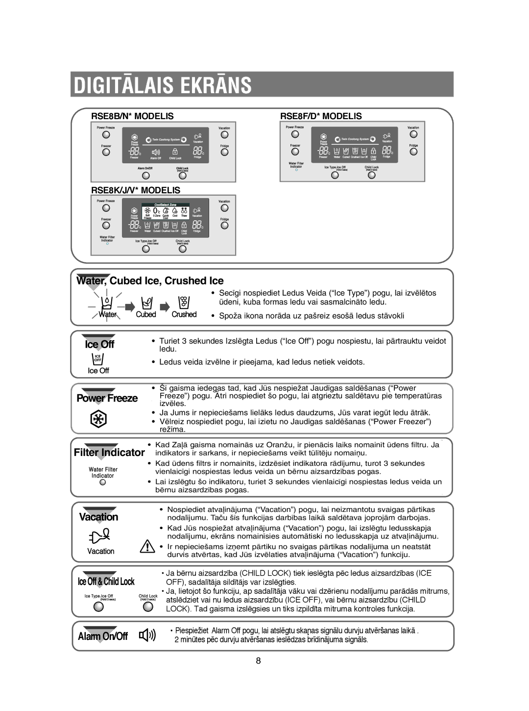 Samsung RSE8KPAS1/BWT, RSE8KPUS2/XEK, RSE8KPPS2/XEK, RSE8KPAS2/XEK, RSE8KPPS1/XEK manual Digitålais Ekråns, Power Freeze 