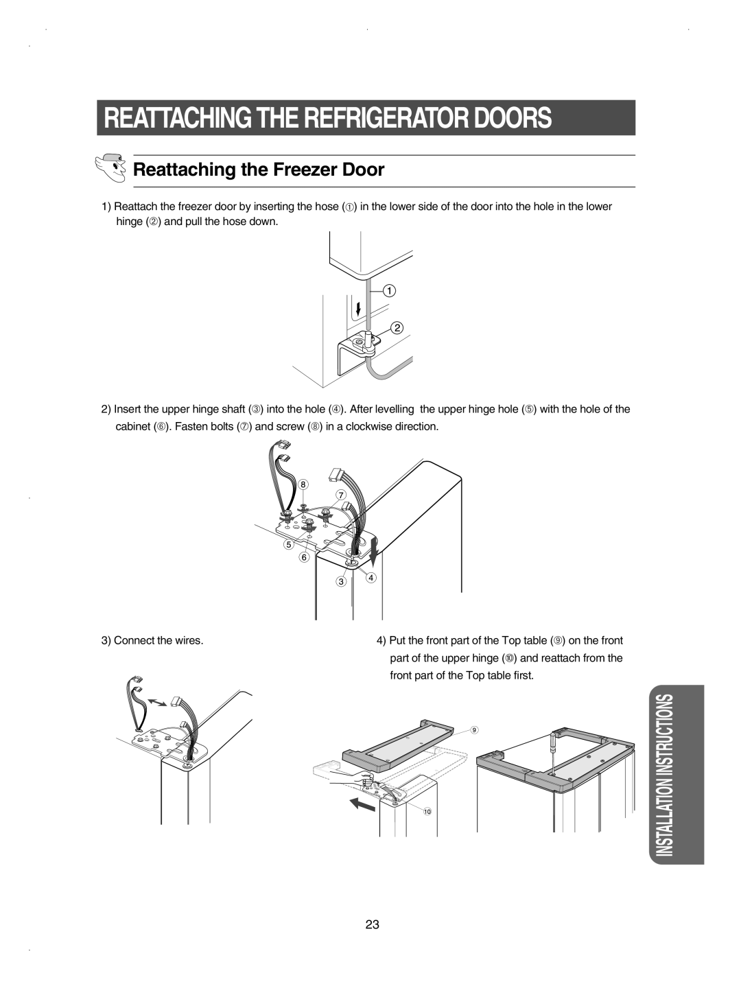 Samsung RSE8KPUS1/BUL, RSE8KPUS2/XEK, RSE8KPPS2/XEK manual Reattaching the Refrigerator Doors, Reattaching the Freezer Door 