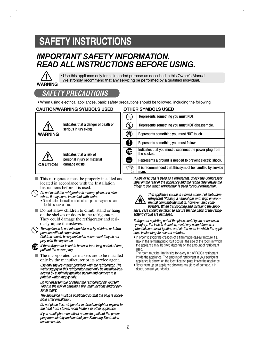 Samsung RSE8KYAS1/XAG, RSE8KPUS2/XEK, RSE8KPPS2/XEK, RSE8KPUS1/XEH, RSE8KPUS1/BUL Safety Instructions, Safety Precautions 