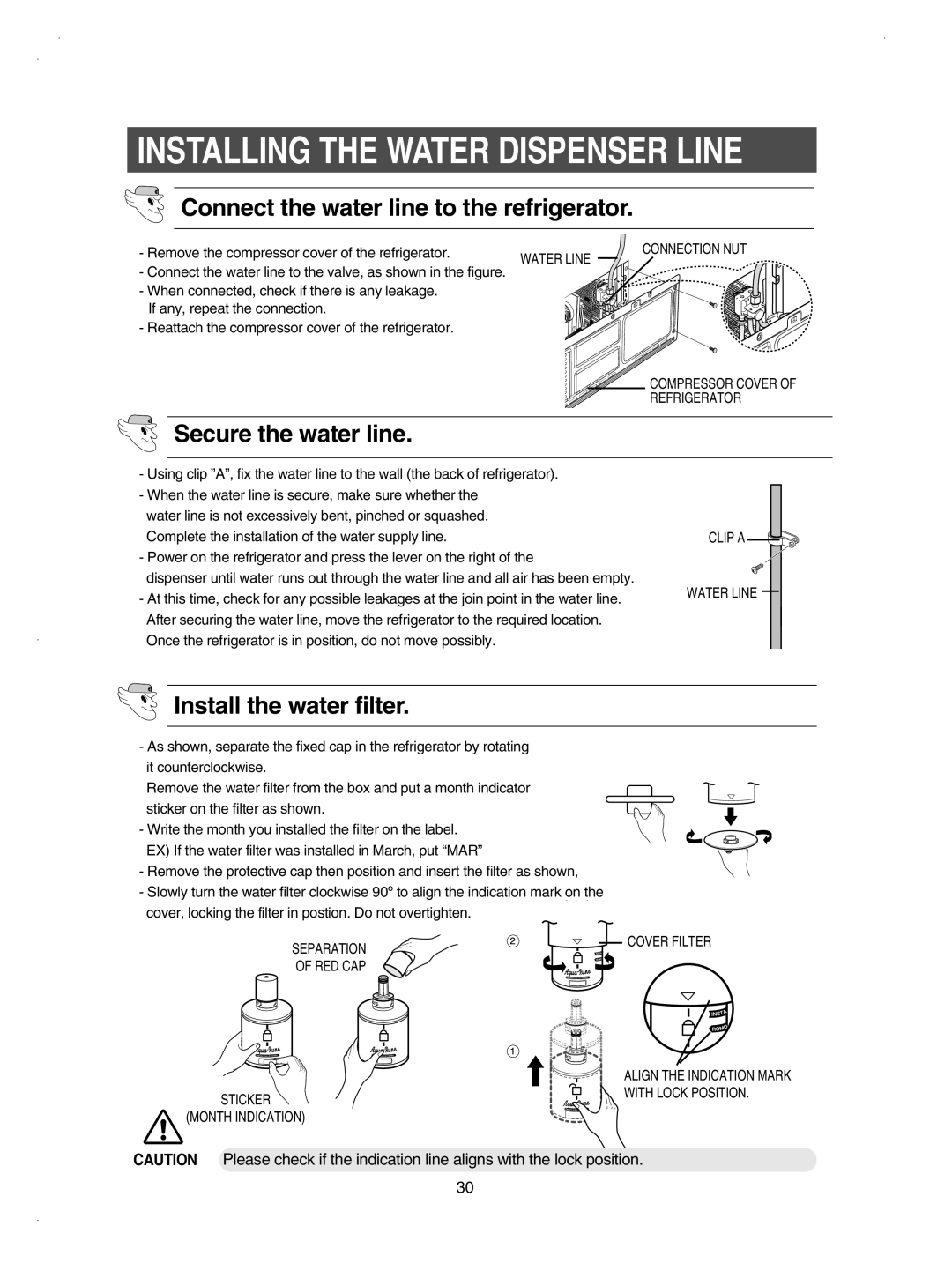 Samsung RSE8KPPS2/XEK, RSE8KPUS2/XEK, RSE8KPUS1/XEH, RSE8KYAS1/XAG manual Secure the water line, Install the water filter 