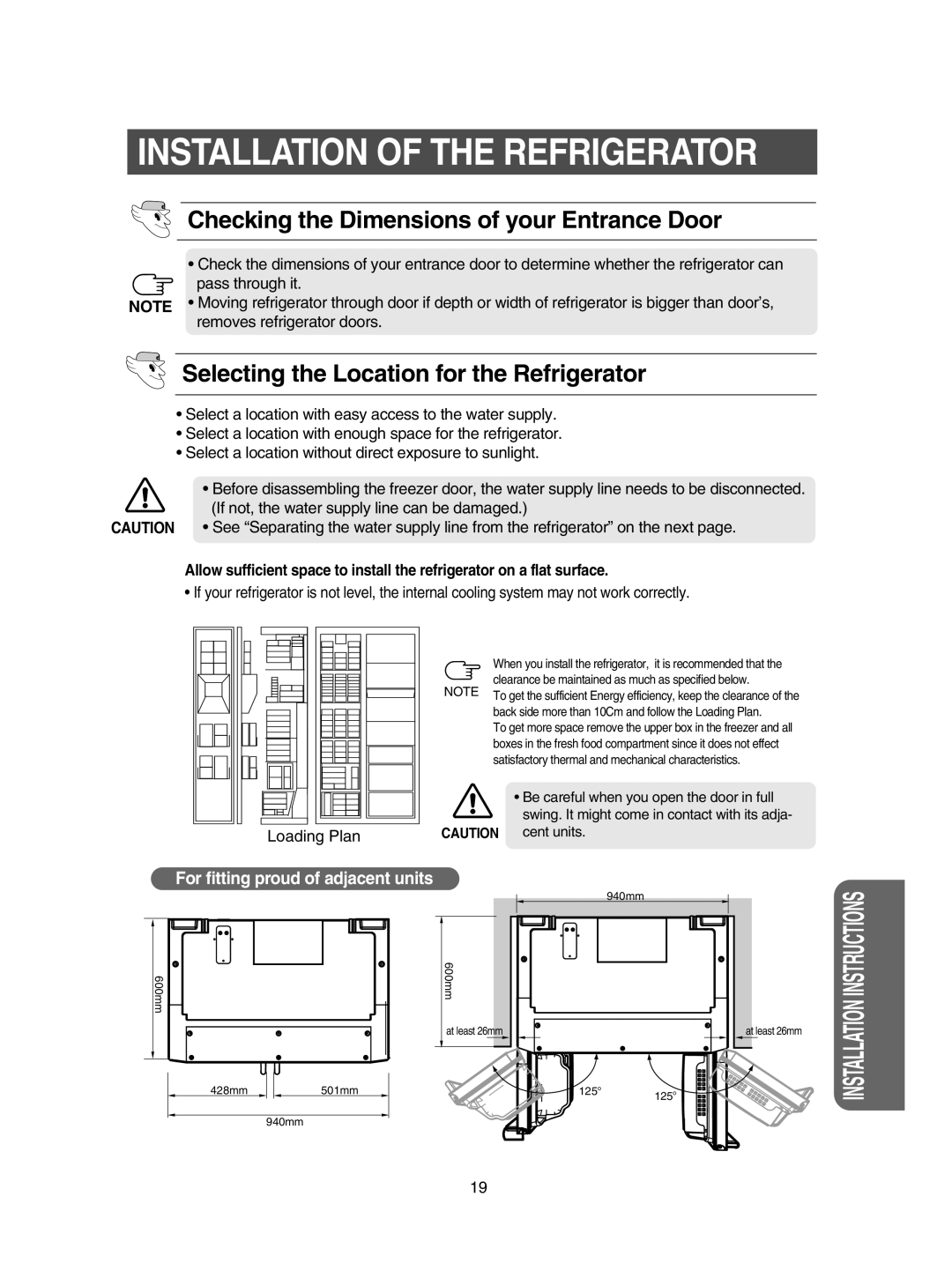 Samsung RSE8KYAS1/BUL, RSE8KPUS2/XEK manual Installation of the Refrigerator, Checking the Dimensions of your Entrance Door 