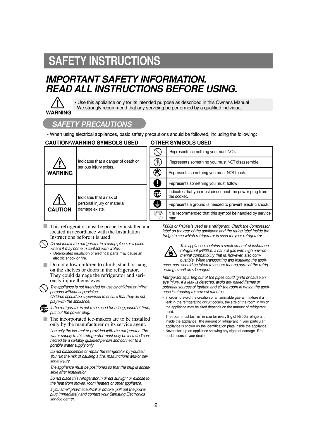 Samsung RSE8KPUS1/BUL, RSE8KPUS2/XEK, RSE8VPUS1/XET, RSE8KPUS1/XEH, RSE8KPPS1/XEH Safety Instructions, Safety Precautions 