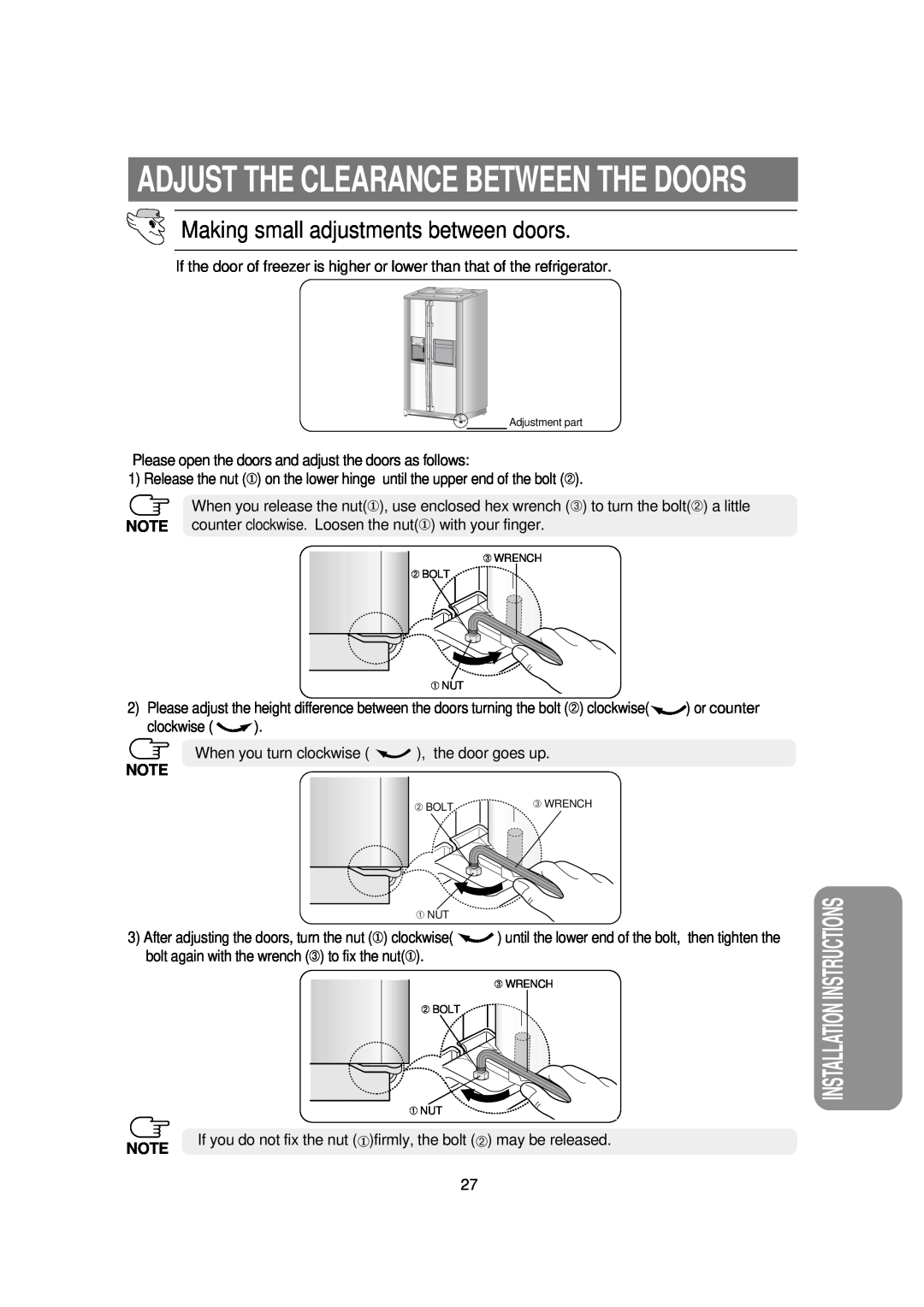 Samsung RSE8KPUS2/XEK, RSE8VPUS1/XET manual Adjust The Clearance Between The Doors, Making small adjustments between doors 