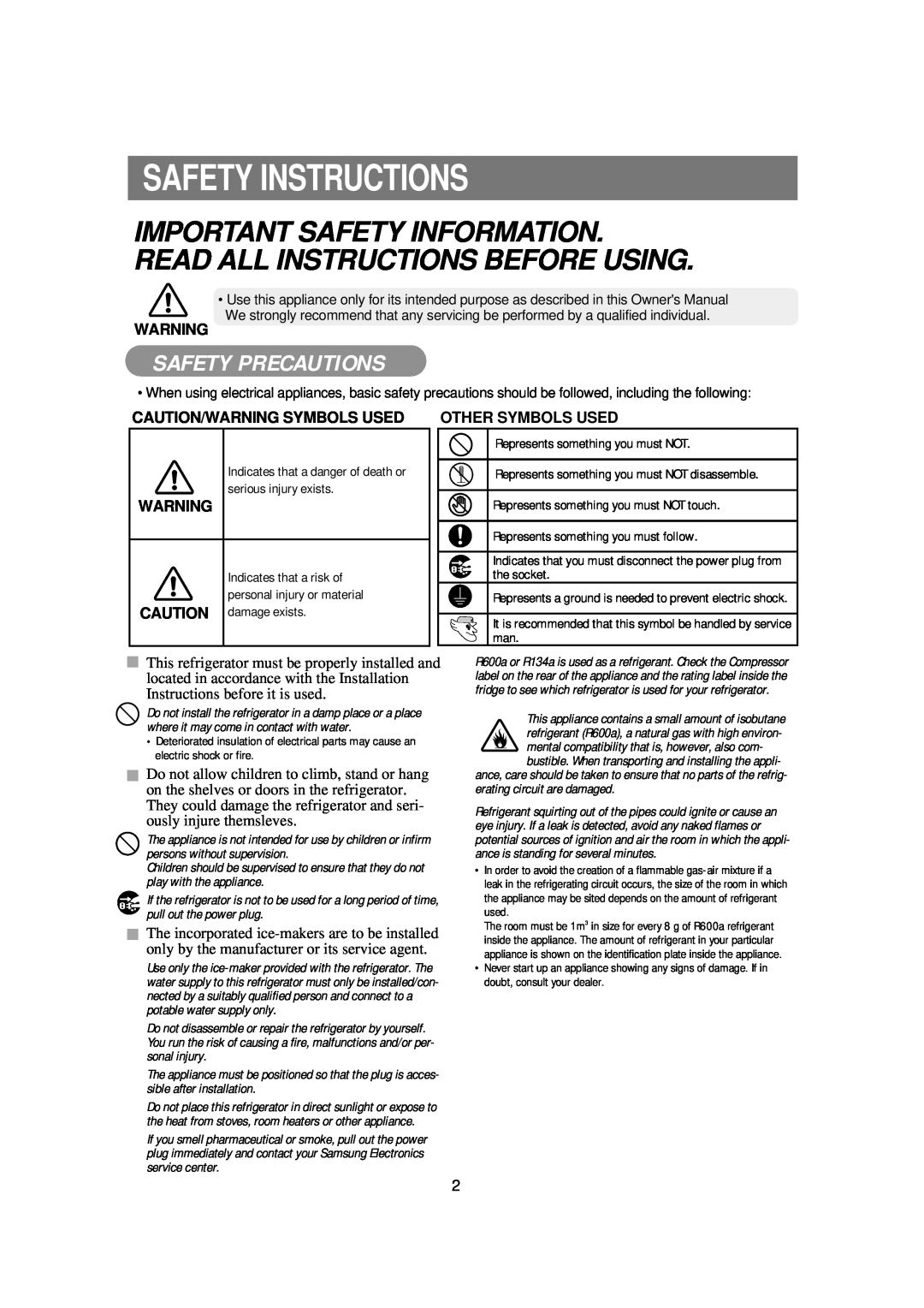 Samsung RSE8KPUS1/BUL manual Safety Instructions, Safety Precautions, Caution/Warning Symbols Used, Other Symbols Used 