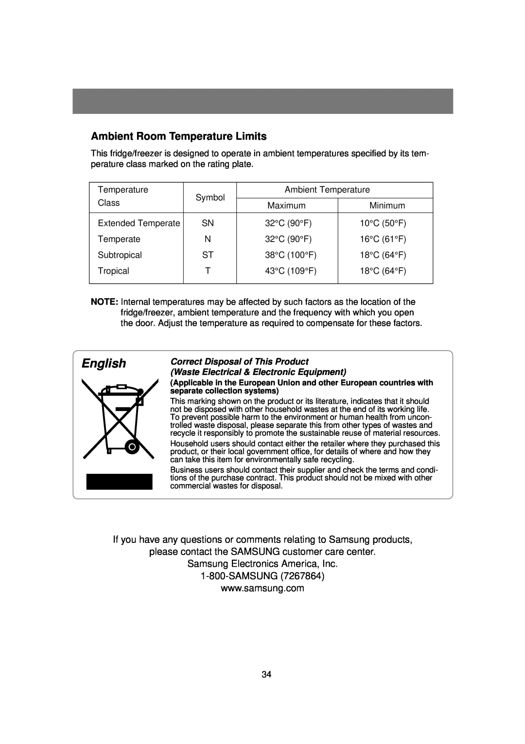 Samsung RSE8KPUS2/XEK manual Ambient Room Temperature Limits, English, please contact the SAMSUNG customer care center 