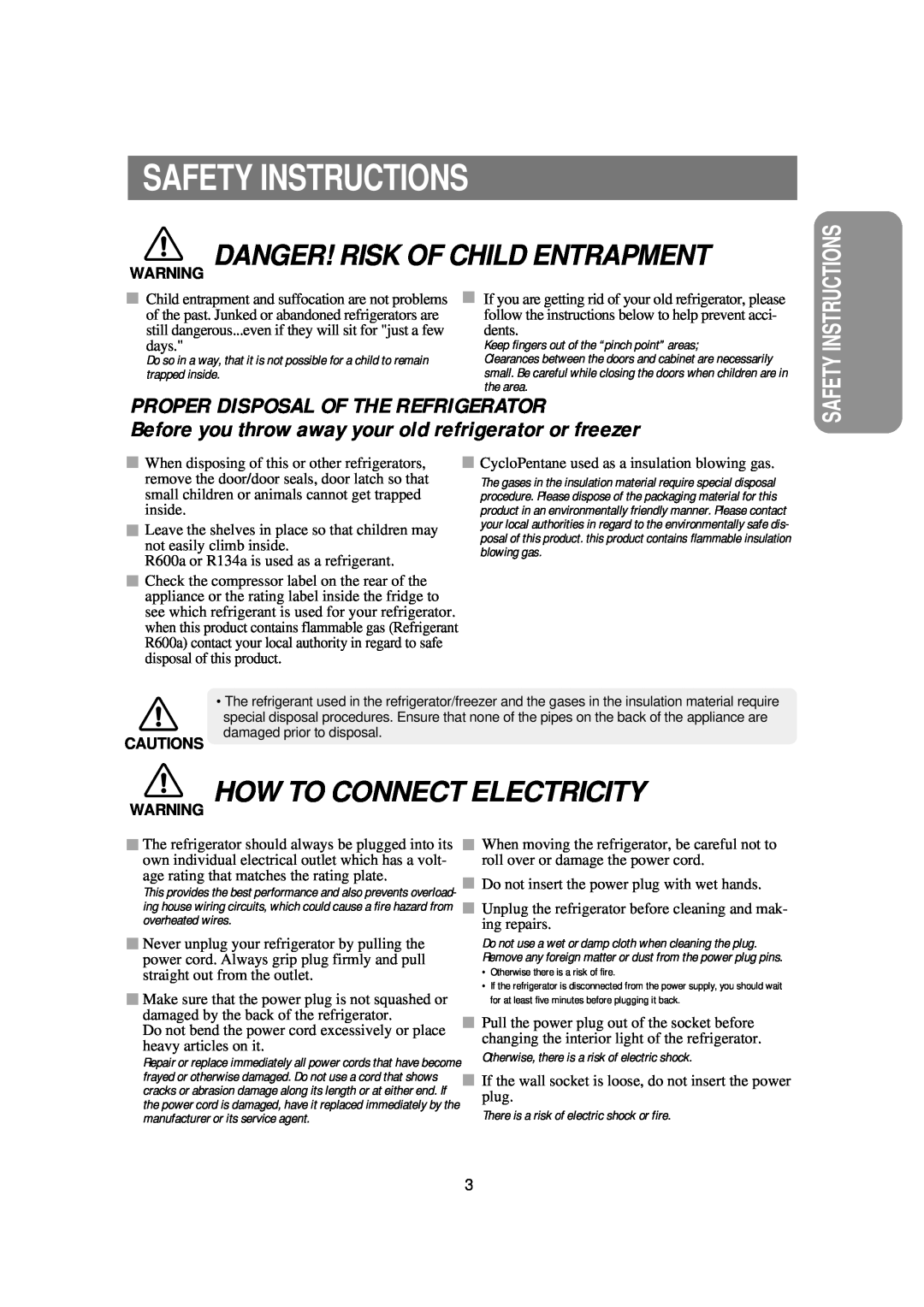 Samsung RSE8KPPS1/XEH manual Safety Instructions, Cautions, Danger! Risk Of Child Entrapment, How To Connect Electricity 