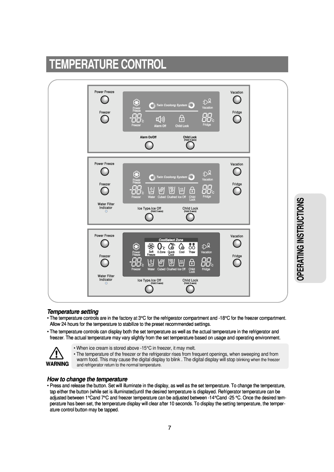 Samsung RSE8VPUS1/XET Temperature Control, Operating Instructions, Temperature setting, How to change the temperature 